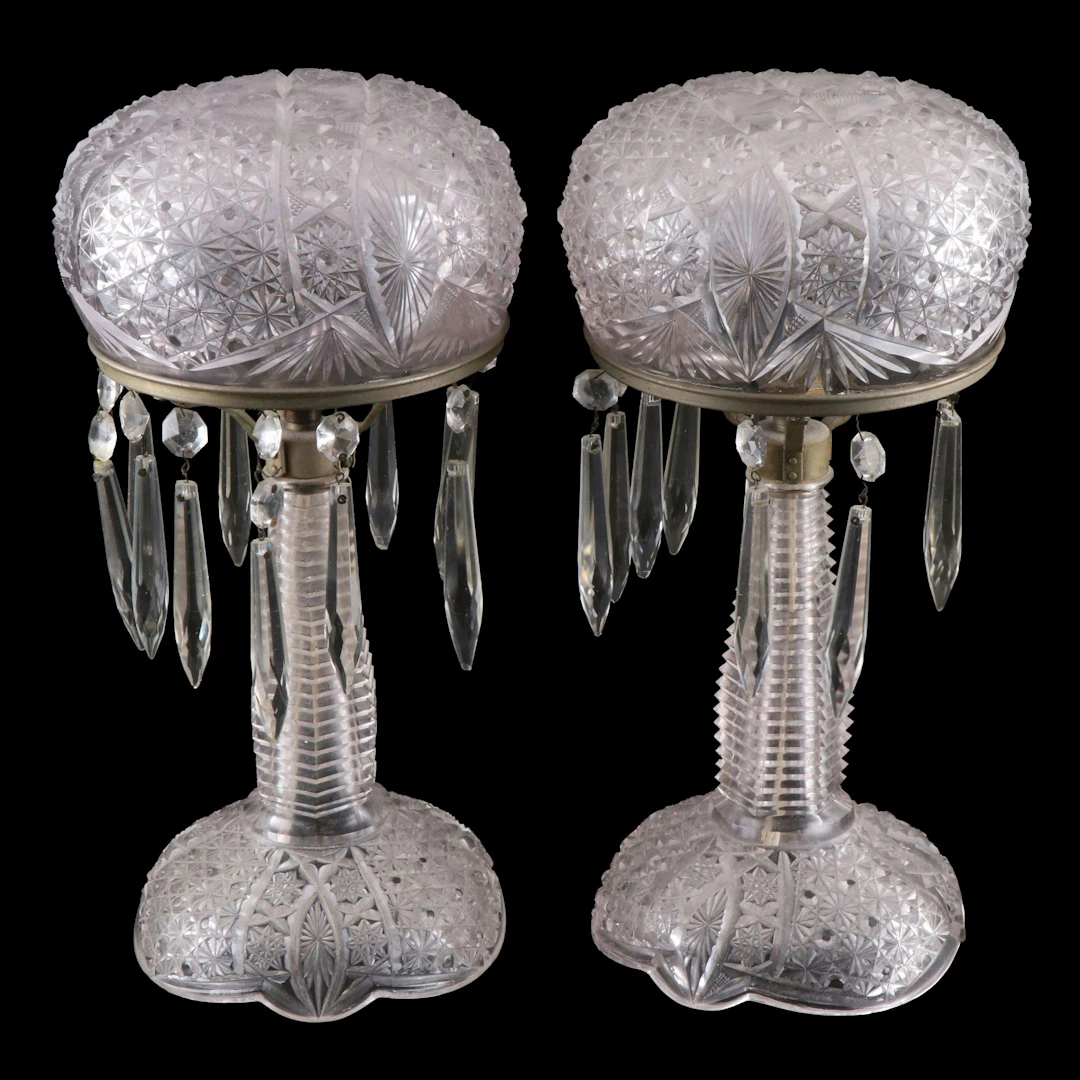 American Brilliant Style Cut Glass Mushroom Parlor Lamps, Early 20th C.