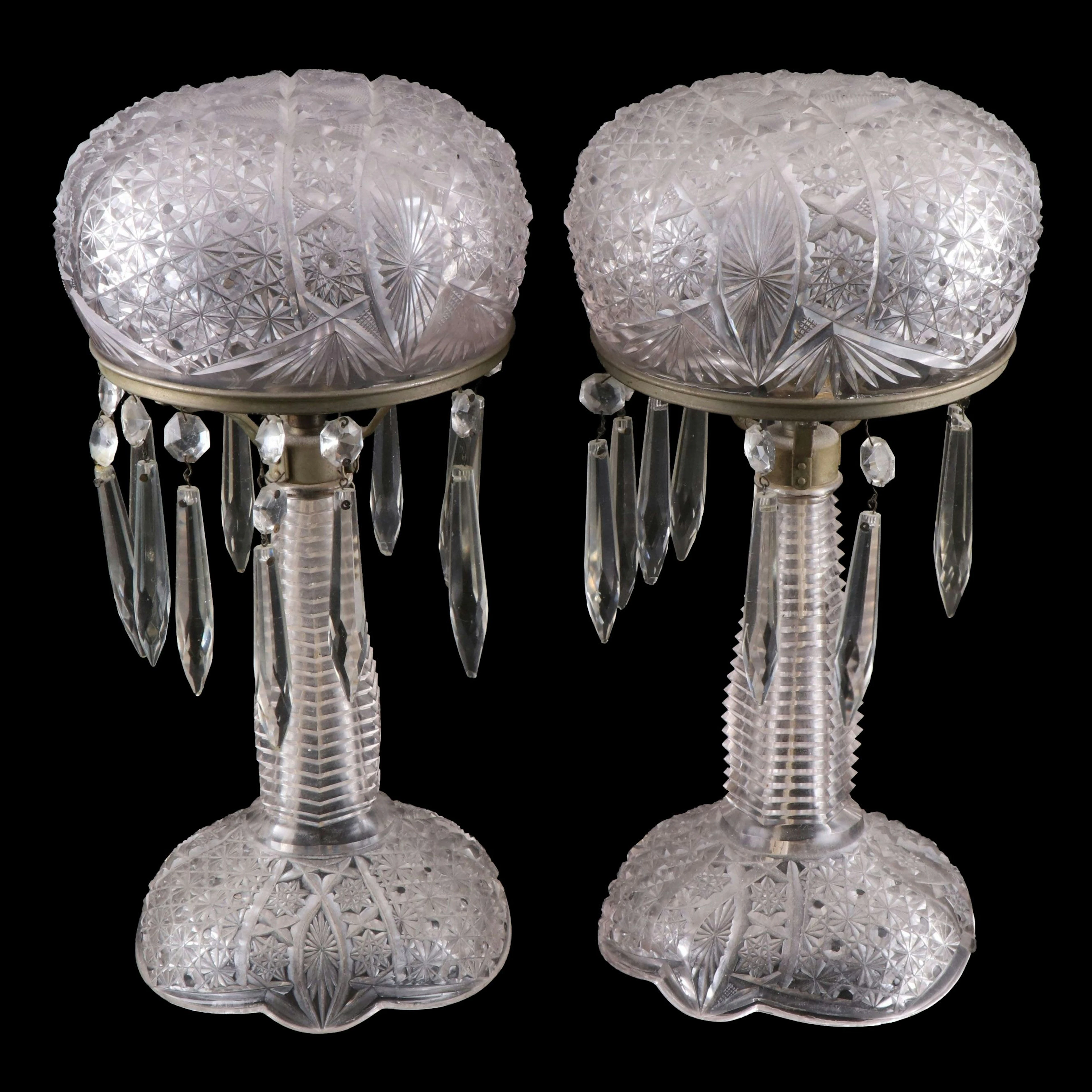 American Brilliant Style Cut Glass Mushroom Parlor Lamps, Early 20th C.
