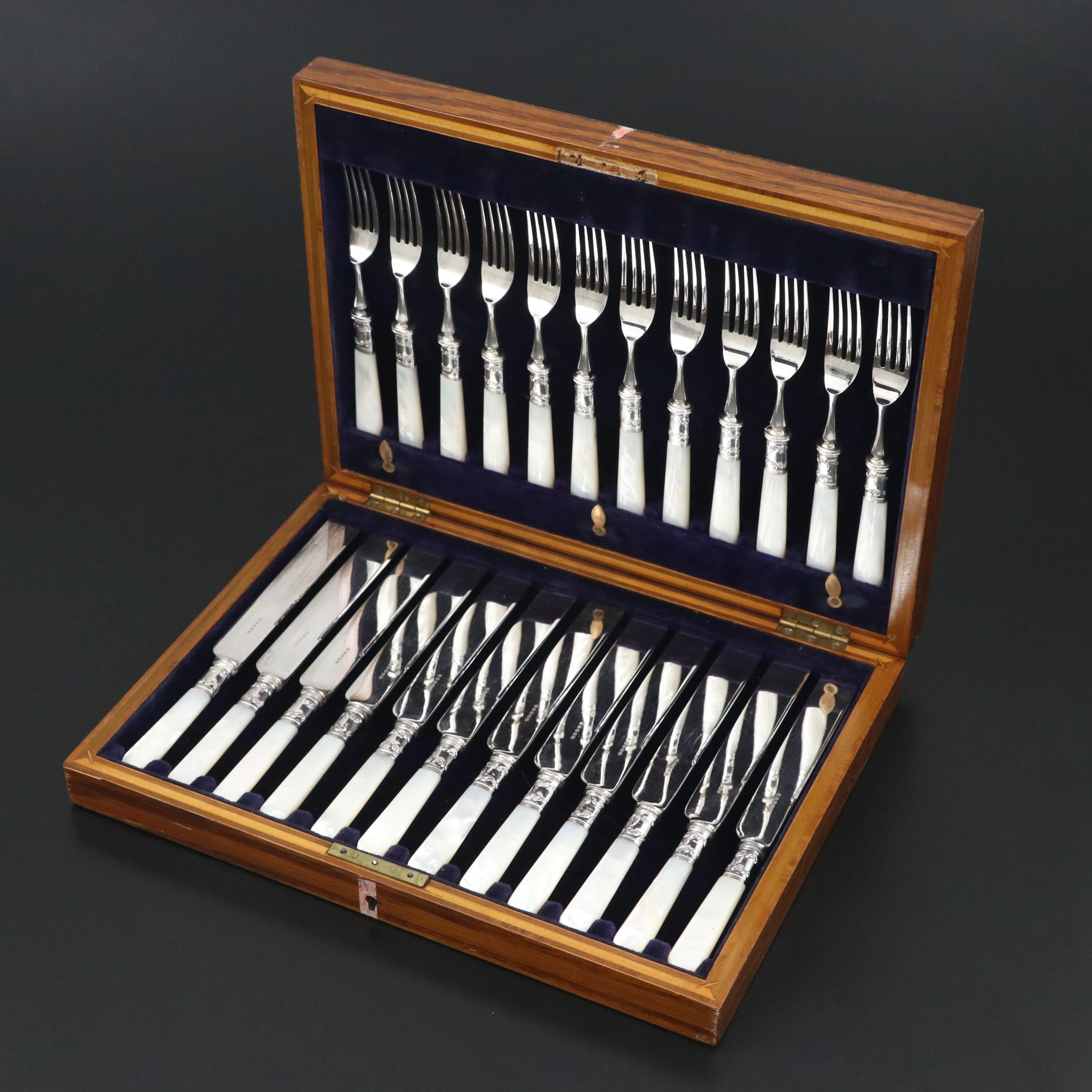 Late Victorian Mother-of Pearl Handled Forks and Knives in Wooden Box