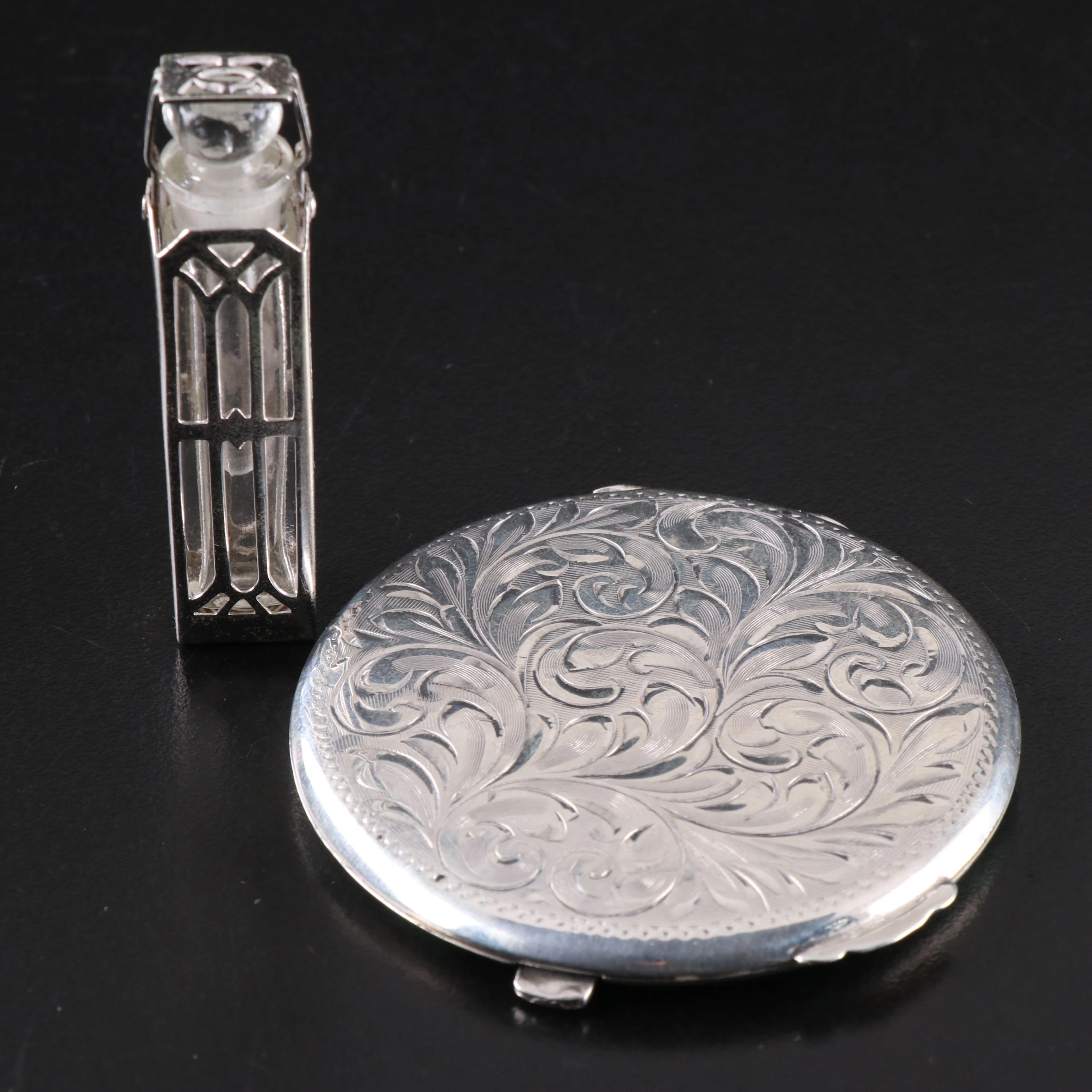 Henry Birks & Sons Sterling Silver Purse Mirror with Reticulated Perfume Case