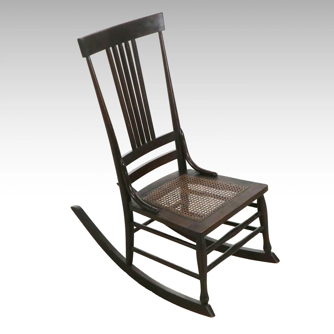 Slat-Back Wood Rocking Chair with Caned Seat, Early 20th Century