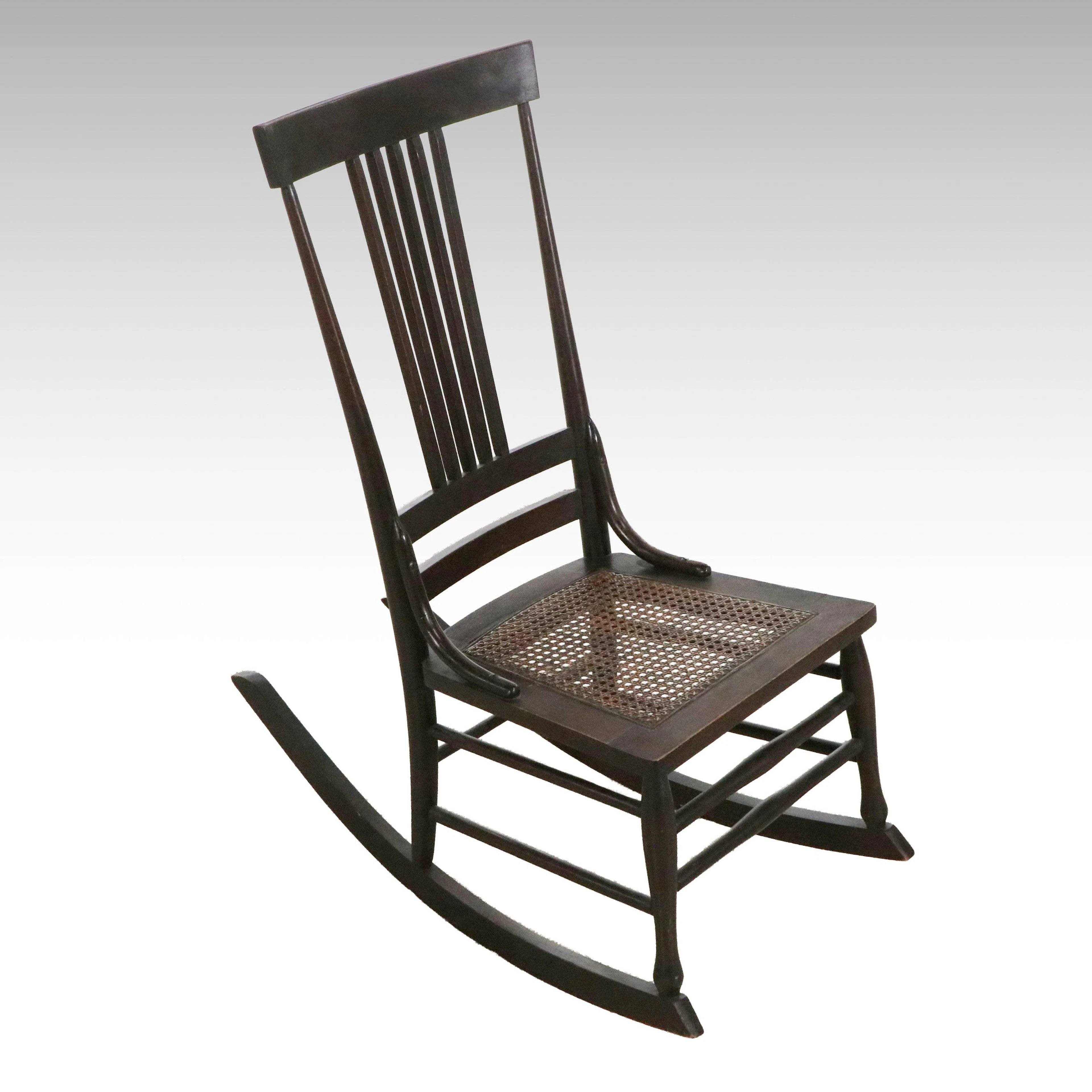 Slat-Back Wood Rocking Chair with Caned Seat, Early 20th Century
