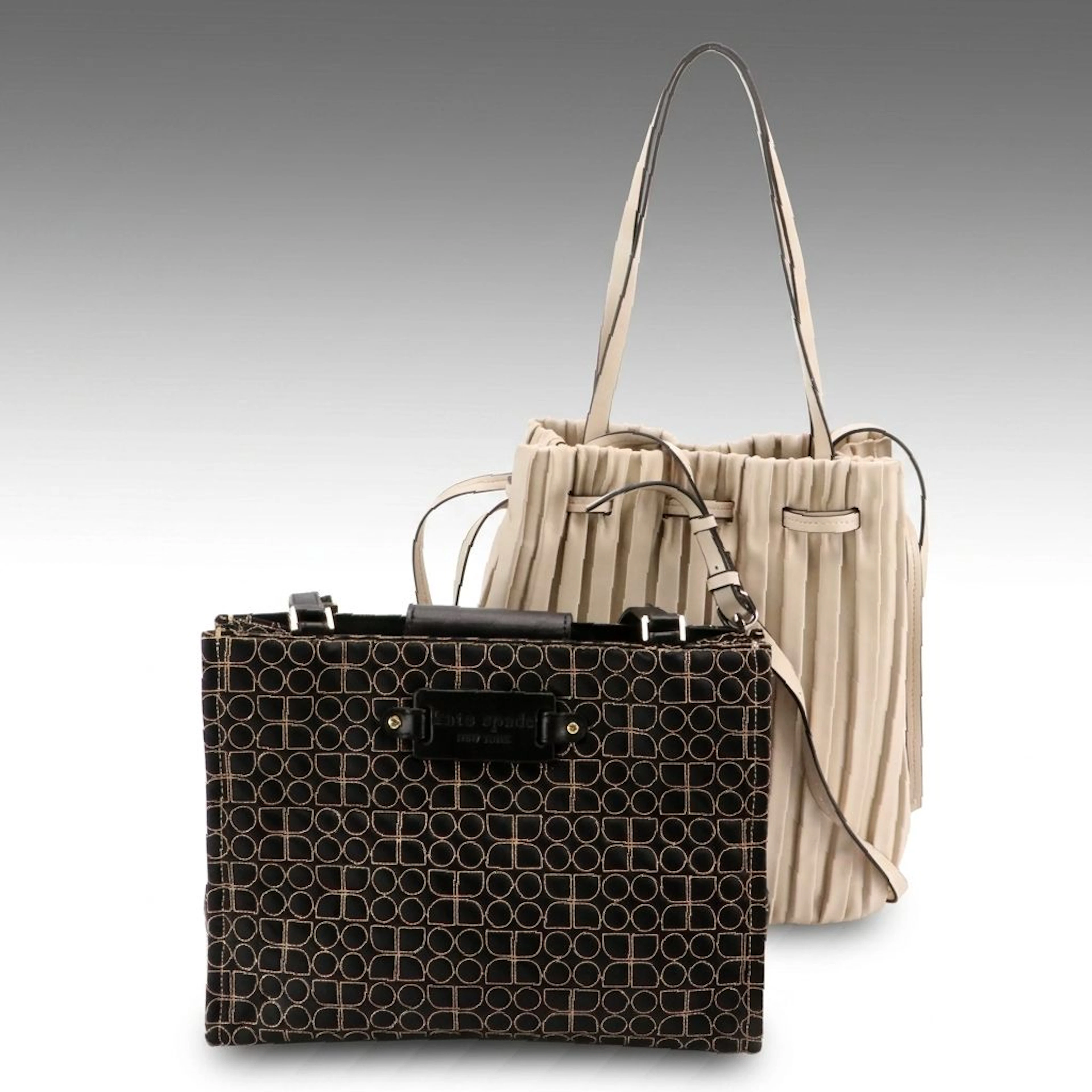 Kate Spade Geometric Stitched Canvas Tote and Zara Pleated Two-Way Bucket Bag
