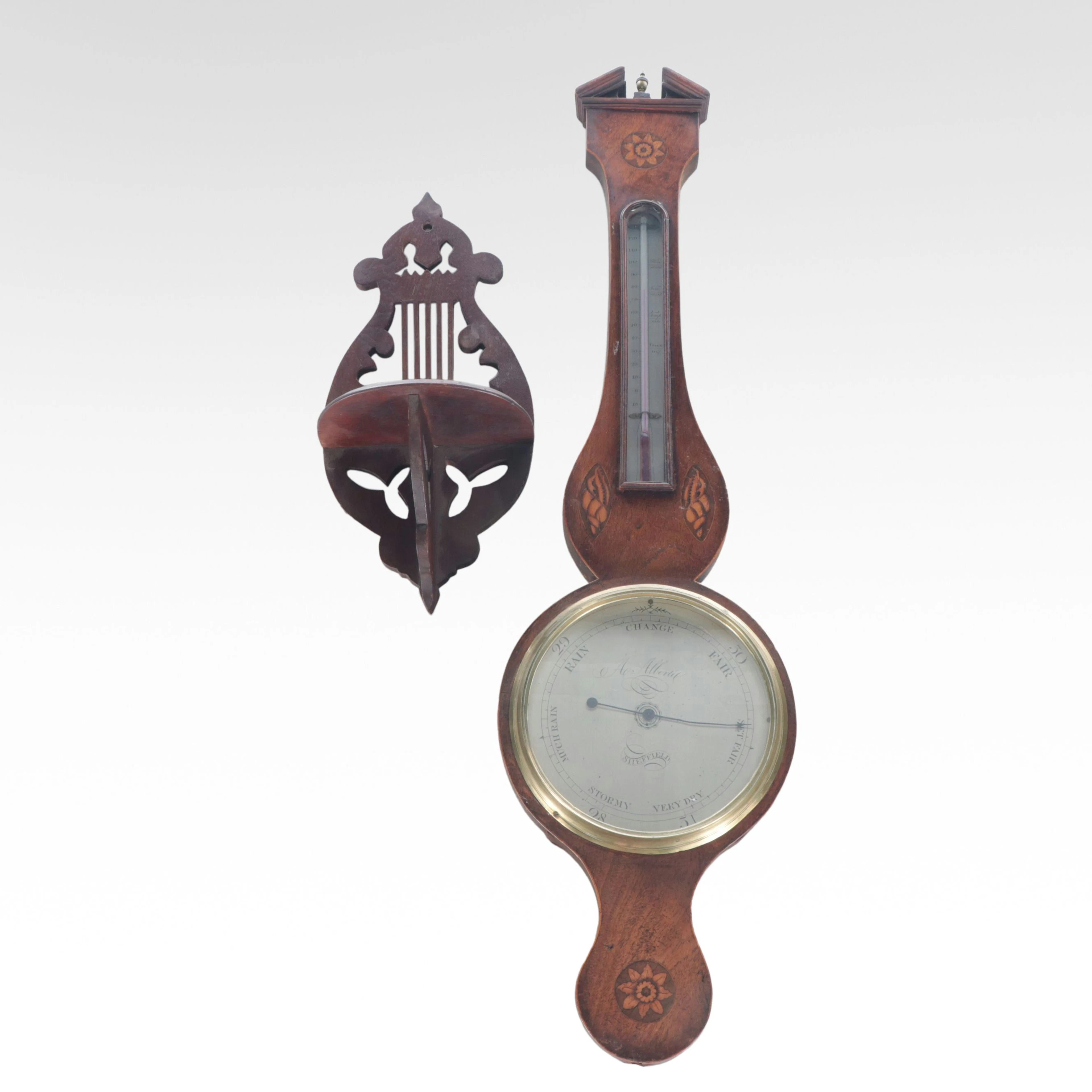 Sheffield Banjo Barometer Thermometer with Carved Oak Lyre Decorative Shelf