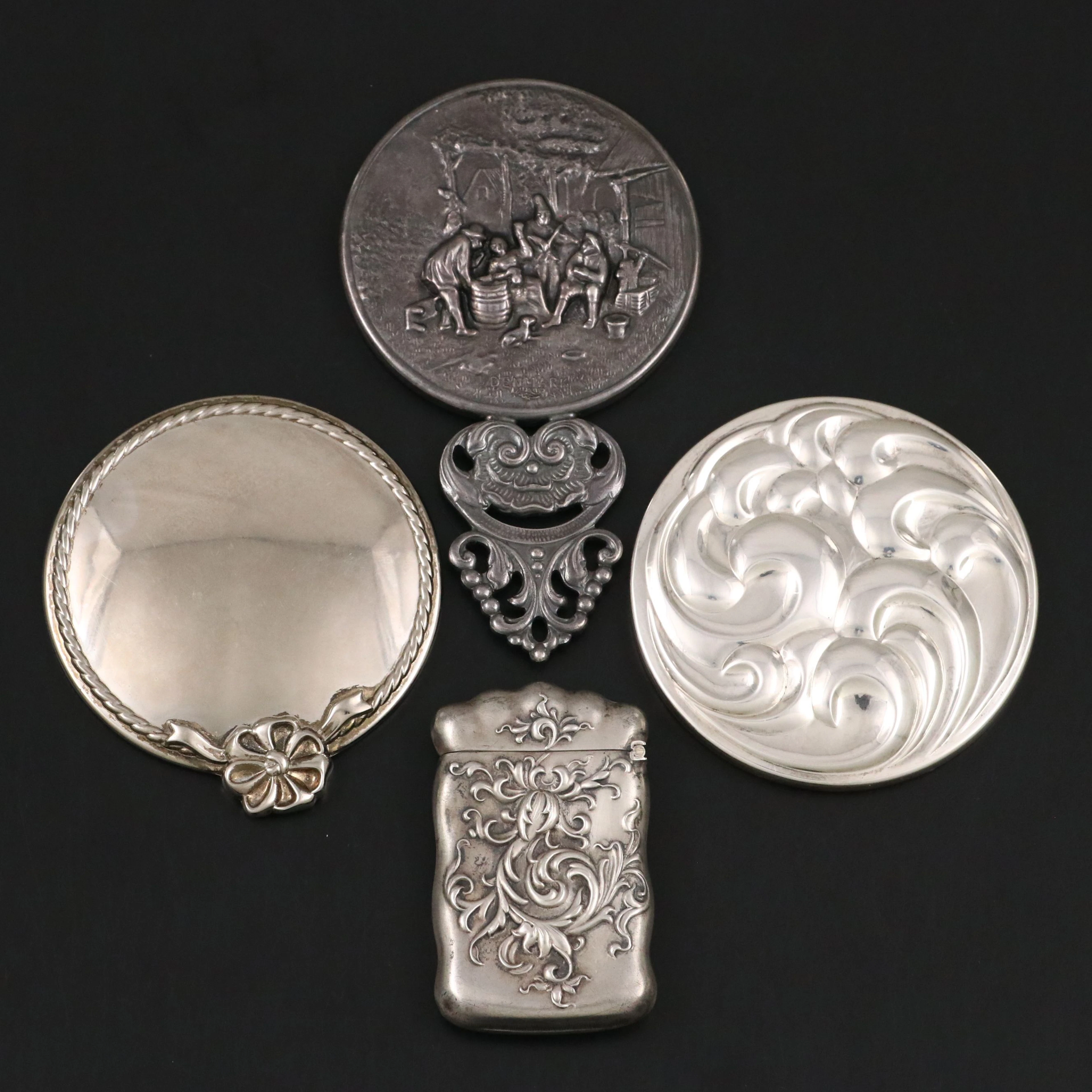 Art Nouveau Sterling Match Box with Kirk Stieff and Other Silver Plate Mirrors