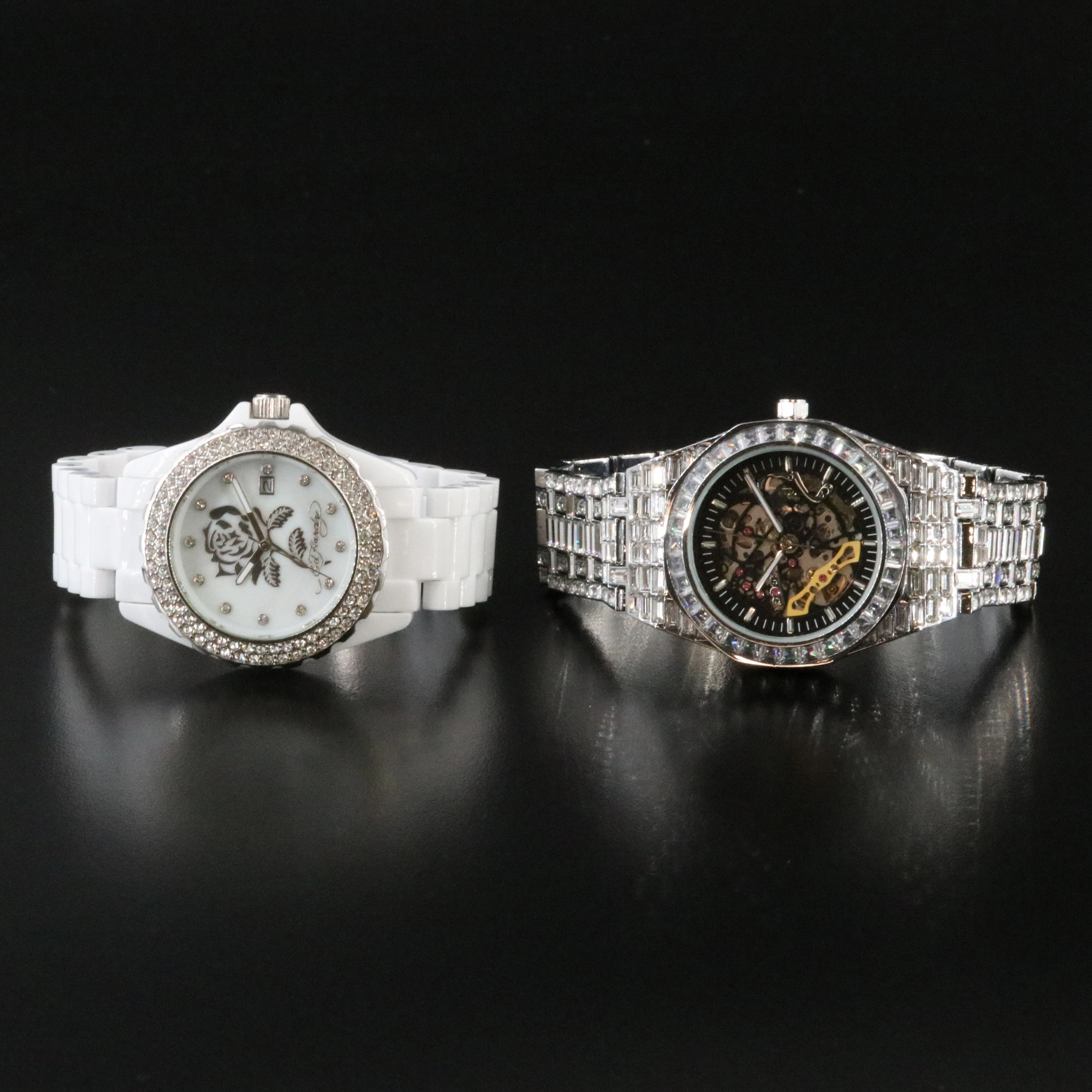 Iced Out Rhinestone Skeleton and Ed Hardy White Ceramic Dulcet Rose Watches