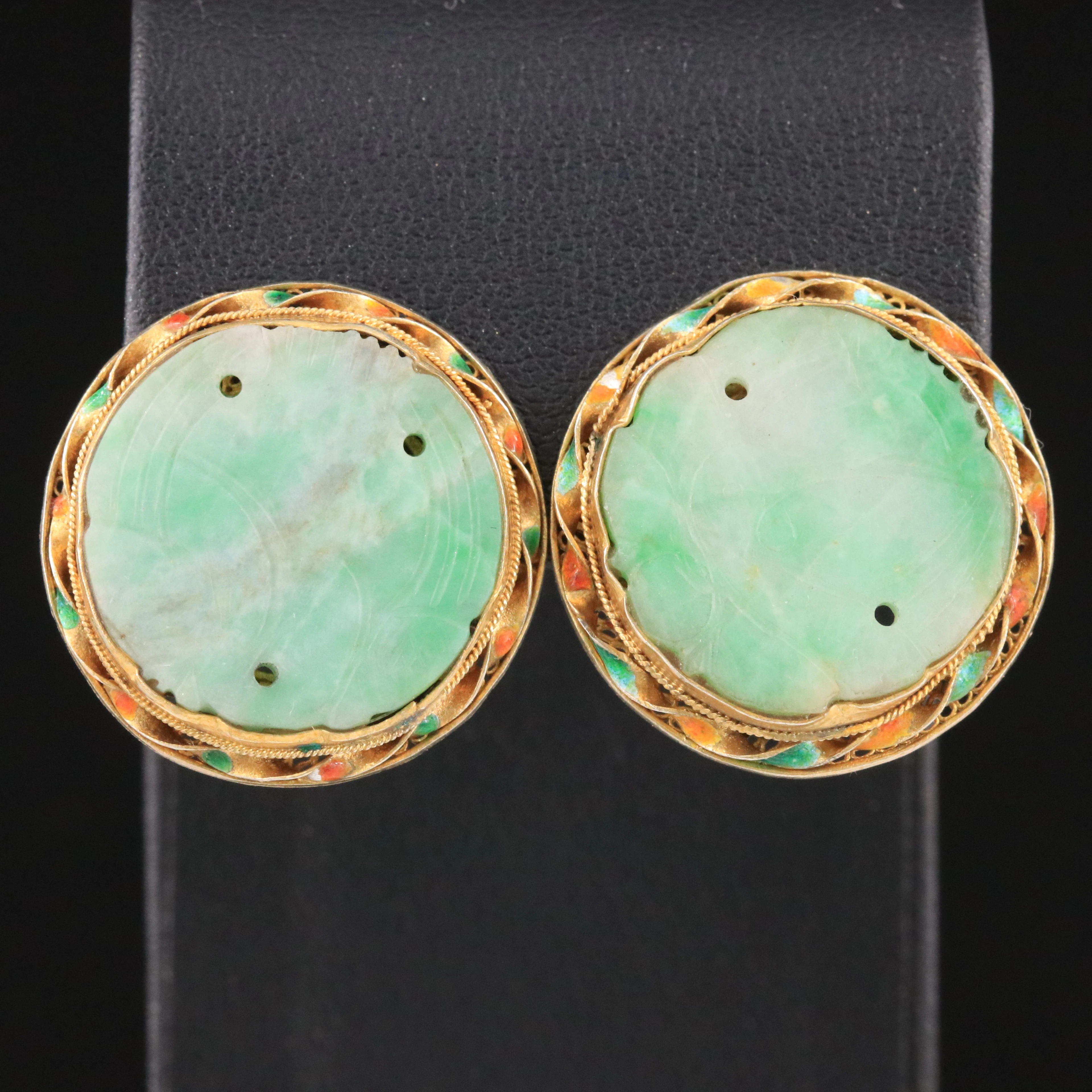 Sterling Jadeite Filigree Button Earrings