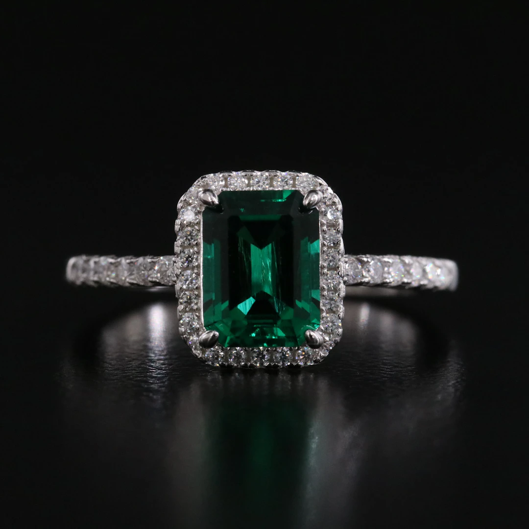 Sterling Lab Grown Emerald and Moissanite Ring