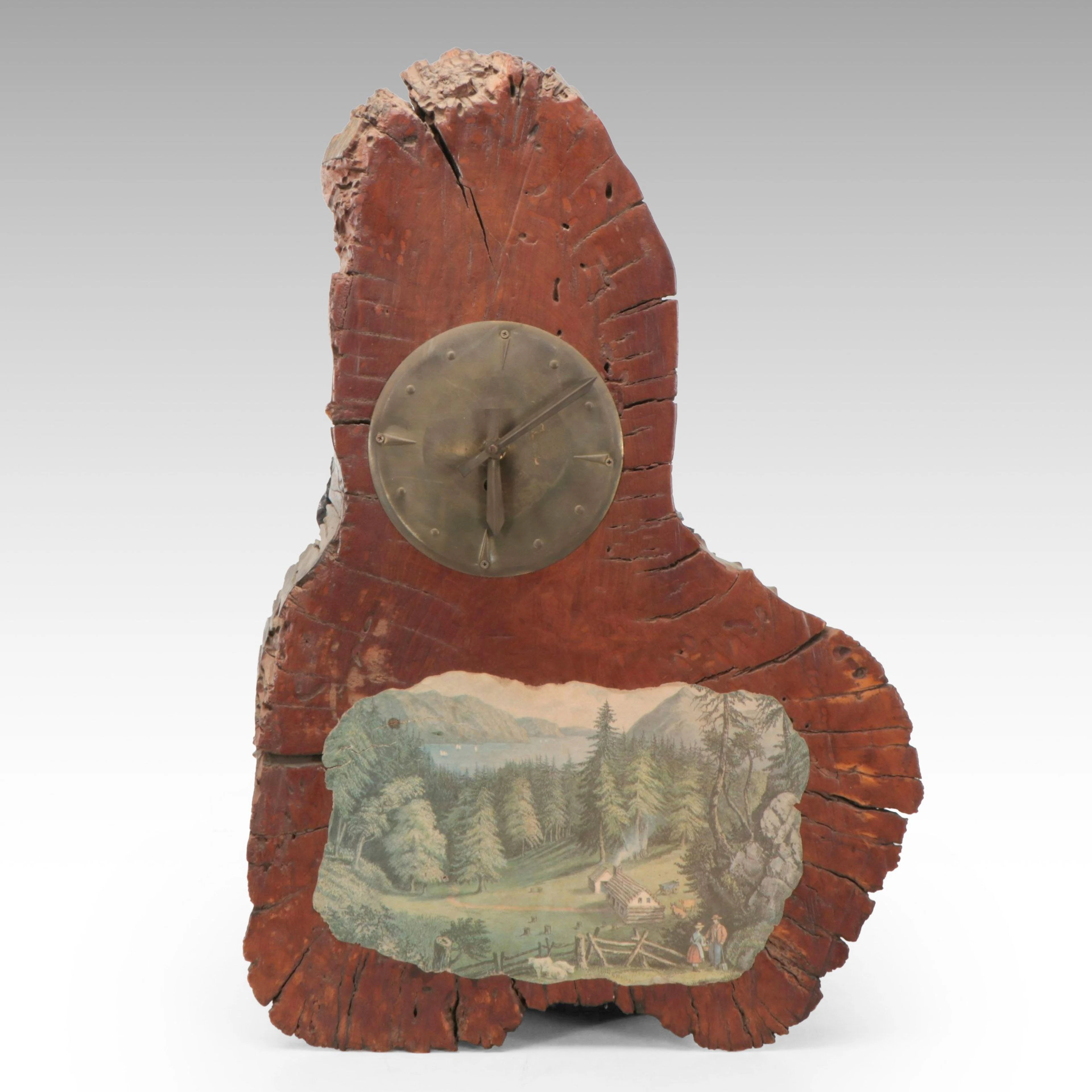 Rustic Wood Slab Wall Clock with Mountain Scene, Late 20th Century
