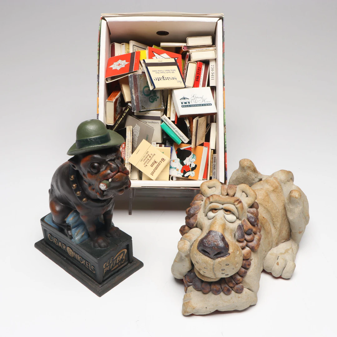 Painted Cast Iron "Old Puffer" Reproduction Bank, Pottery Lion and Matchbooks