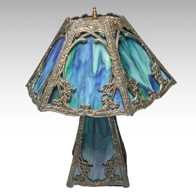 Art Nouveau Style Blue and Green Slag Glass Table Lamp