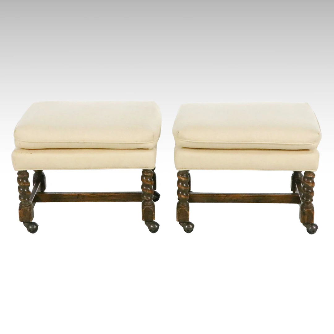 Pair of Cream Upholstered Barley Twist Ottomans, 20th Century
