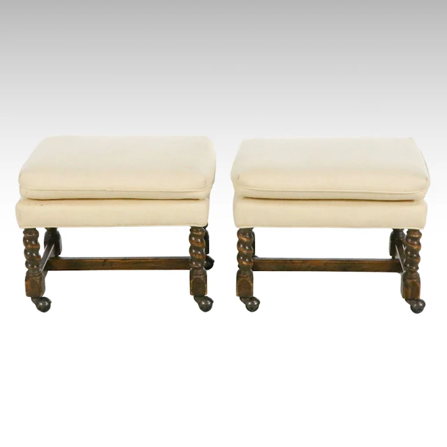 Pair of Cream Upholstered Barley Twist Ottomans, 20th Century