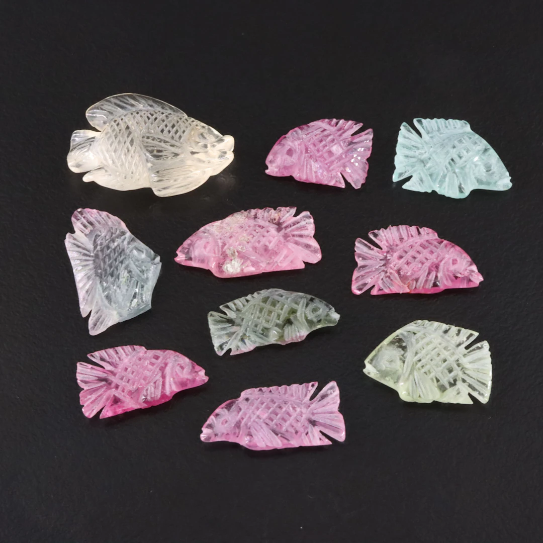 Loose 19.96 CTW Tourmaline and Citrine Carved Fish Lot