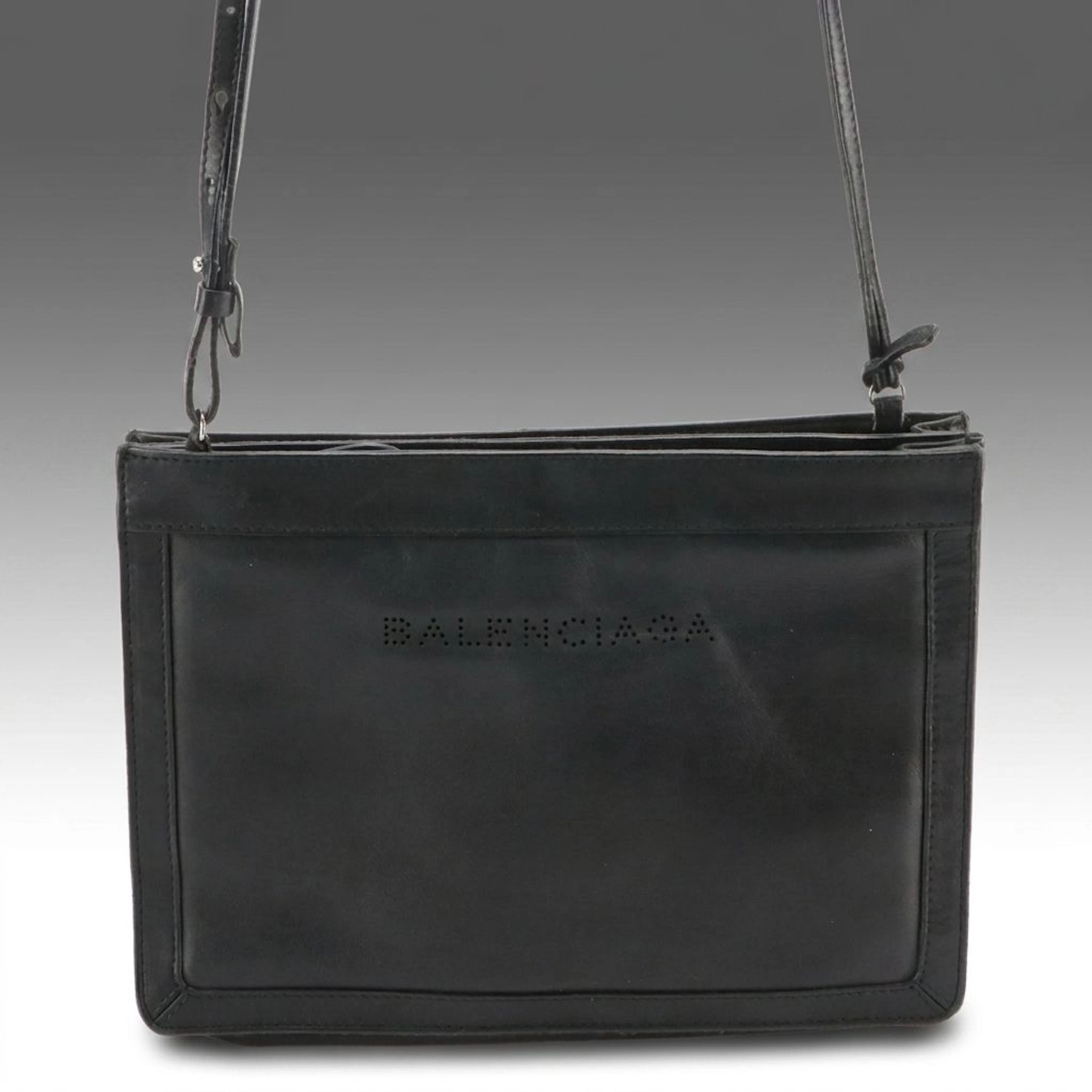 Balenciaga Perforated Black Leather Zip Clutch Crossbody Bag