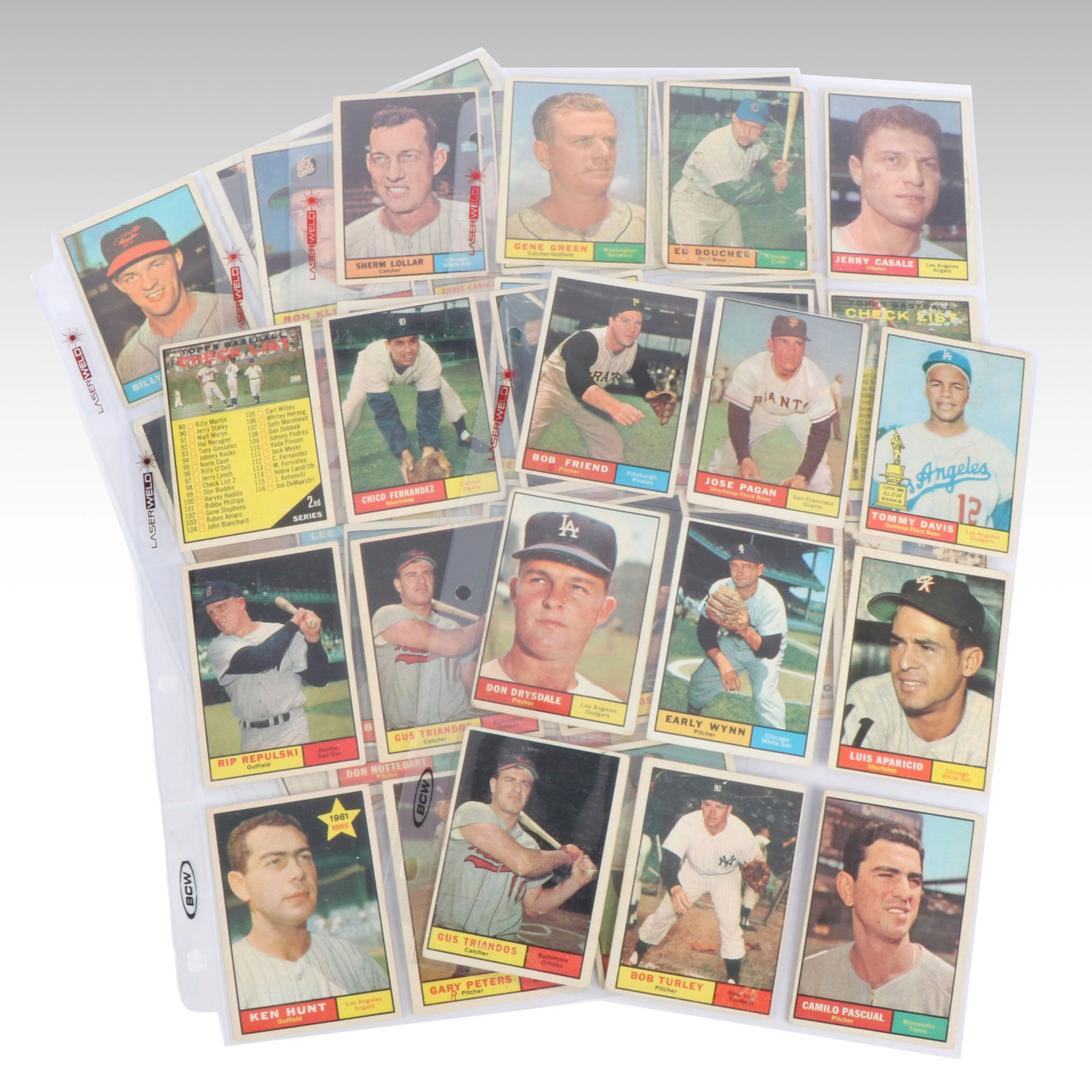 1961 Topps Baseball Cards with Don Drysdale, Early Wynn, and Luis Aparicio
