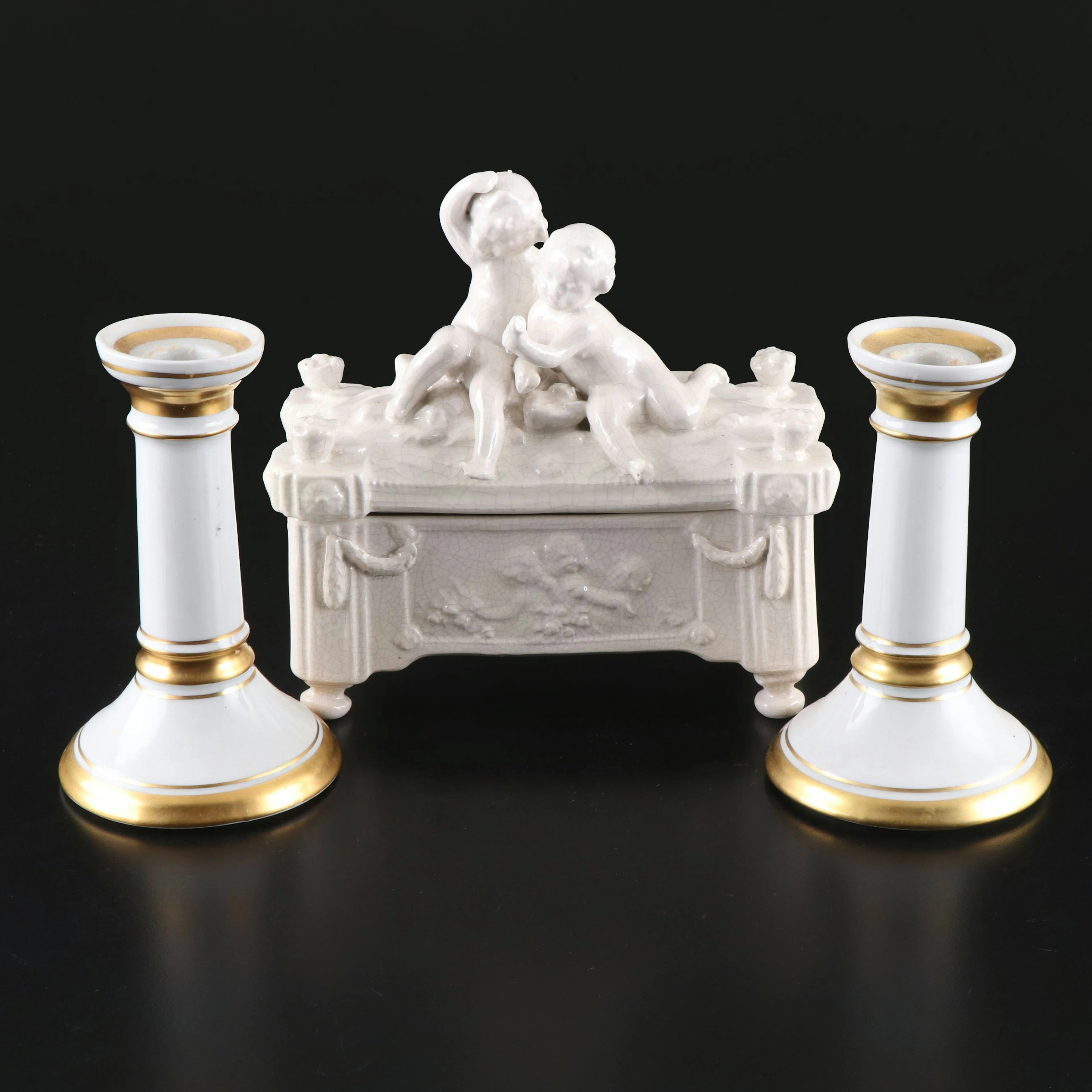 Limoges Porcelain Candlesticks with Cherub Covered Box