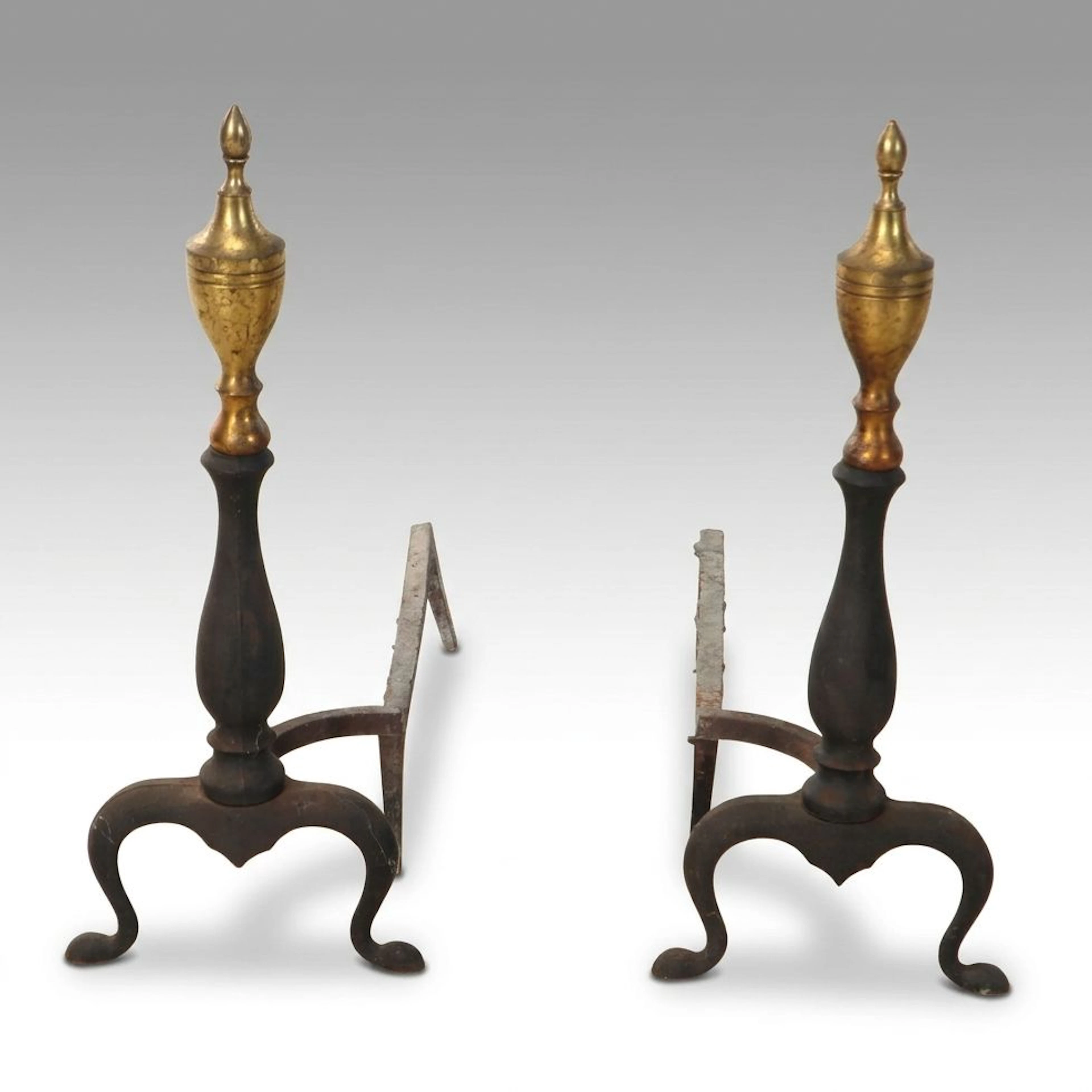 Chippendale Style Brass and Cast Iron Andirons, Early to Mid-20th Century