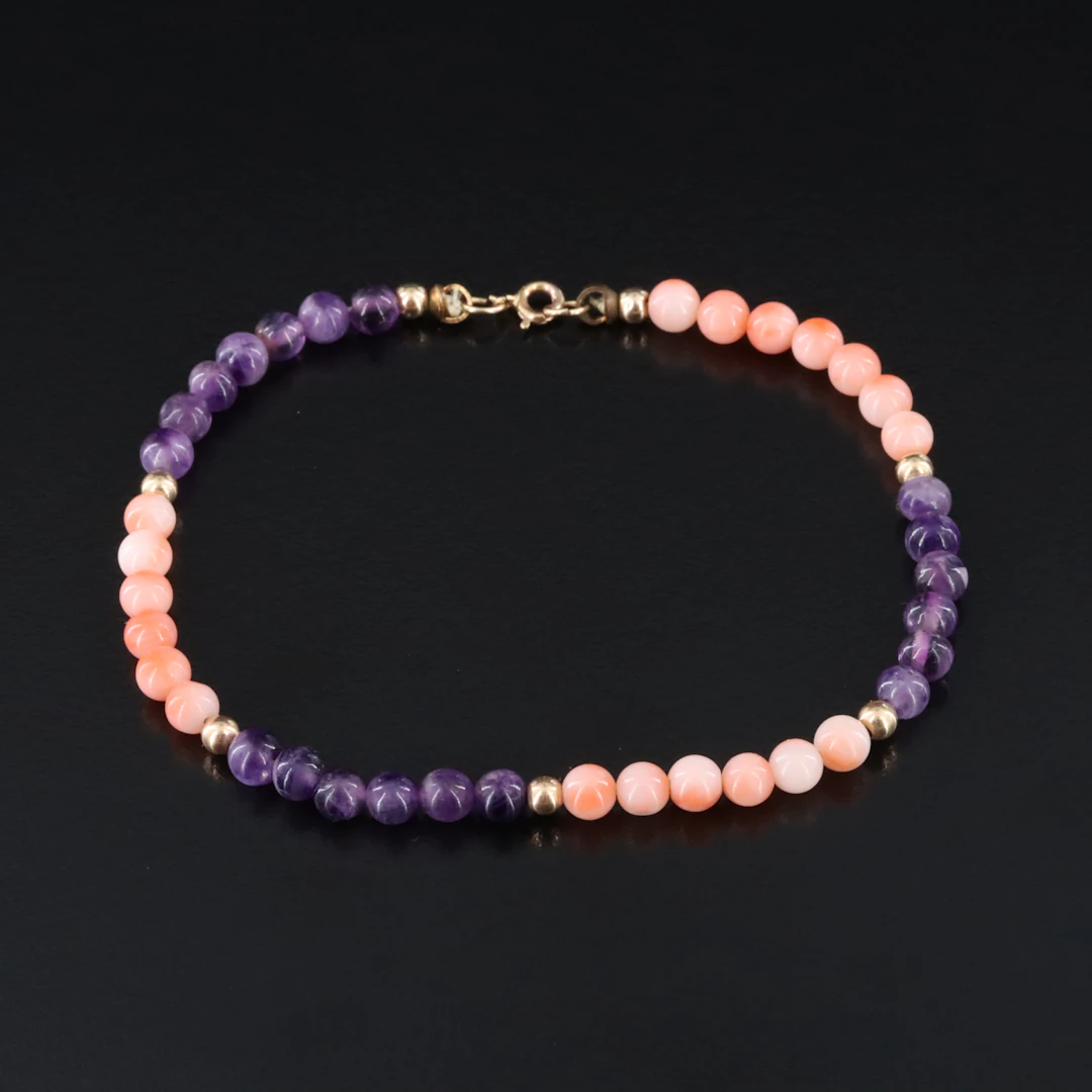 Amethyst and Coral Bracelet with 14K Accents and Clasp