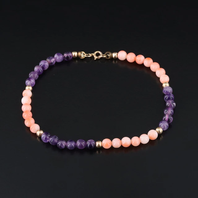 Amethyst and Coral Bracelet with 14K Accents and Clasp