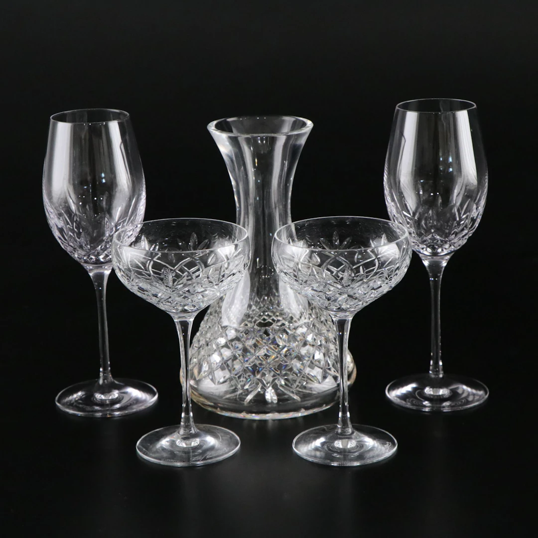 Tom Power Signed Waterford Crystal Tall Coupes, Carafe & "Lismore" Wine Glasses