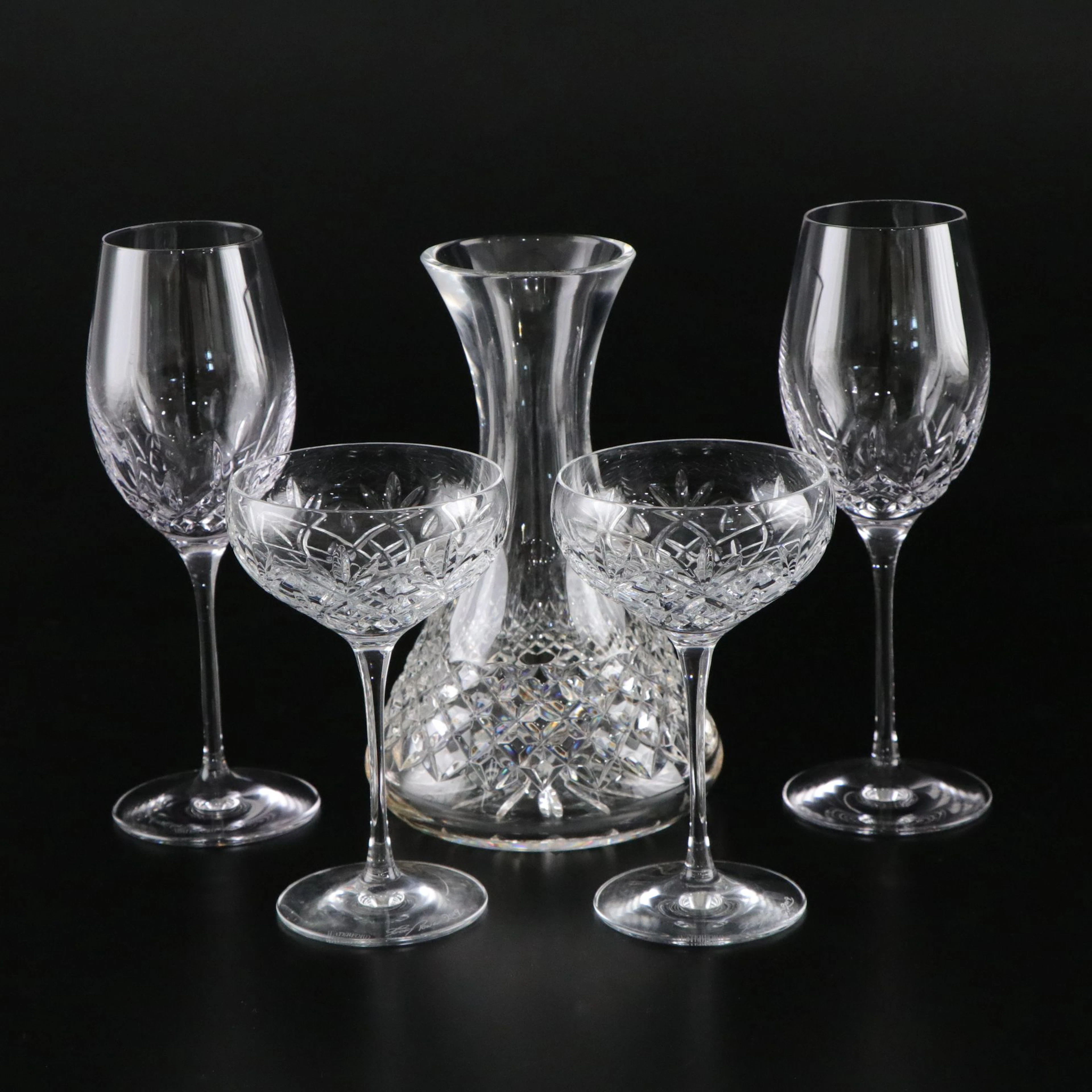 Tom Power Signed Waterford Crystal Tall Coupes, Carafe & "Lismore" Wine Glasses
