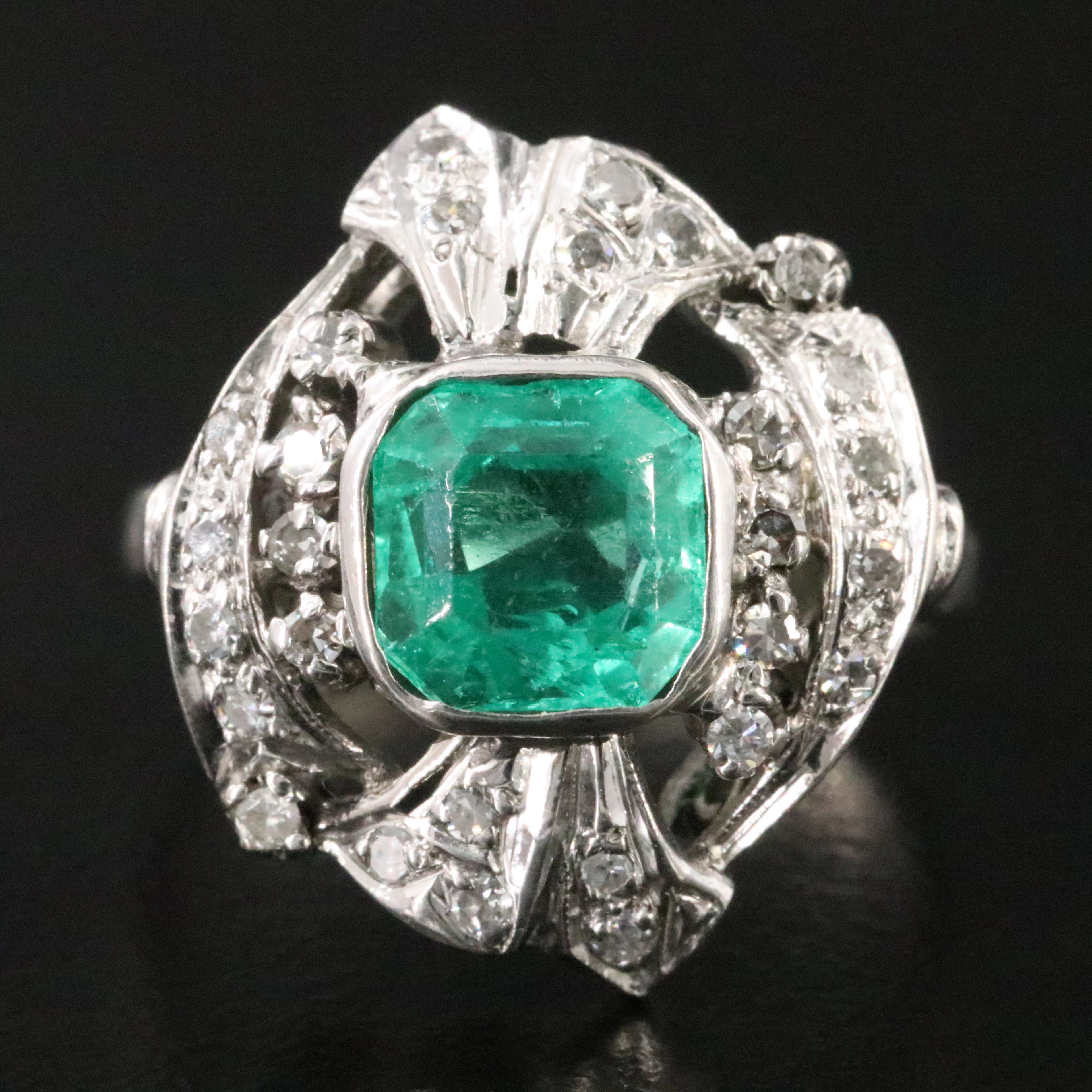Antique Silver Alloy Palladium 1.50 CT Colombian Emerald and Diamond Ring, GIA
