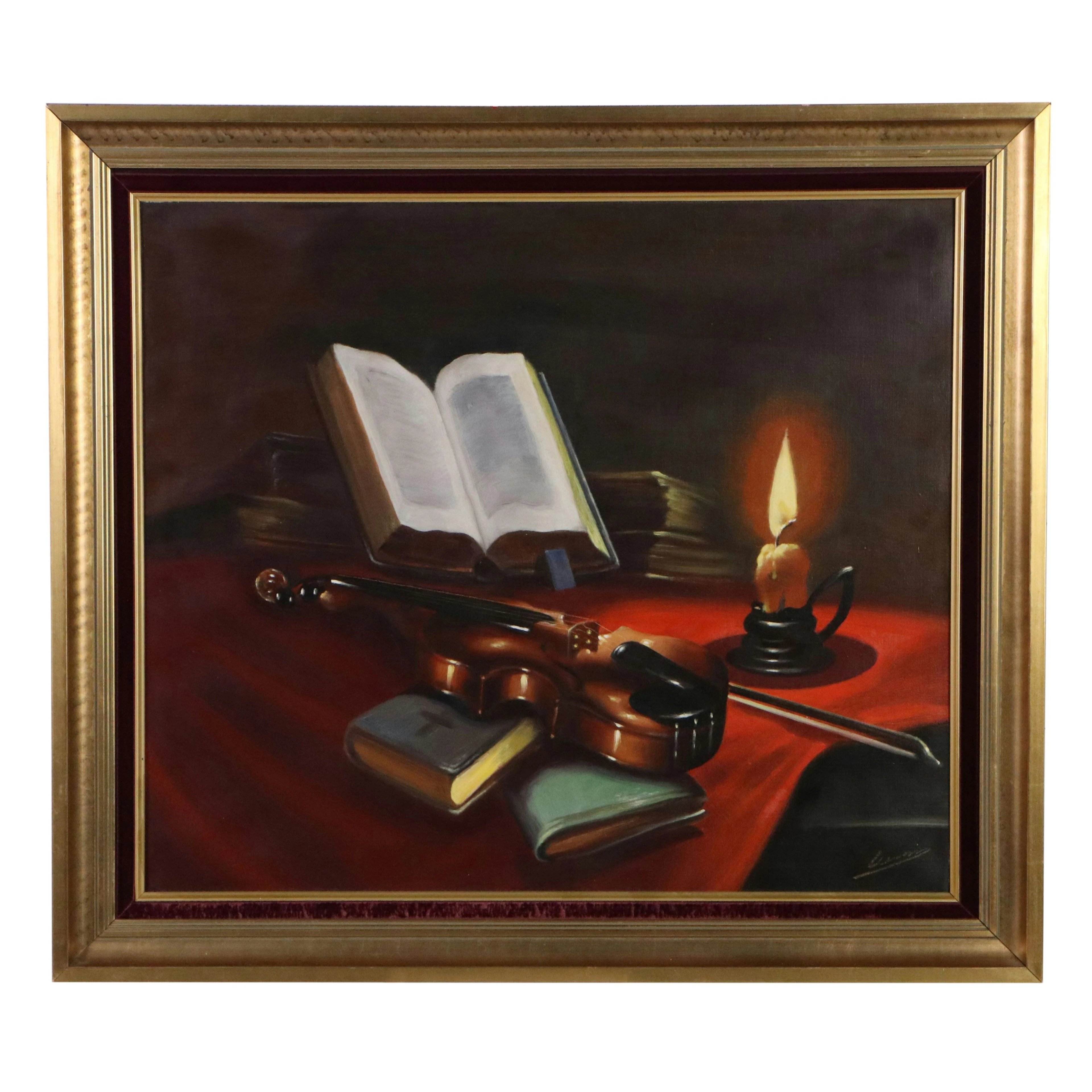 Still Life Oil Painting of Tabletop with Violin and Book, 20th or 21st Century