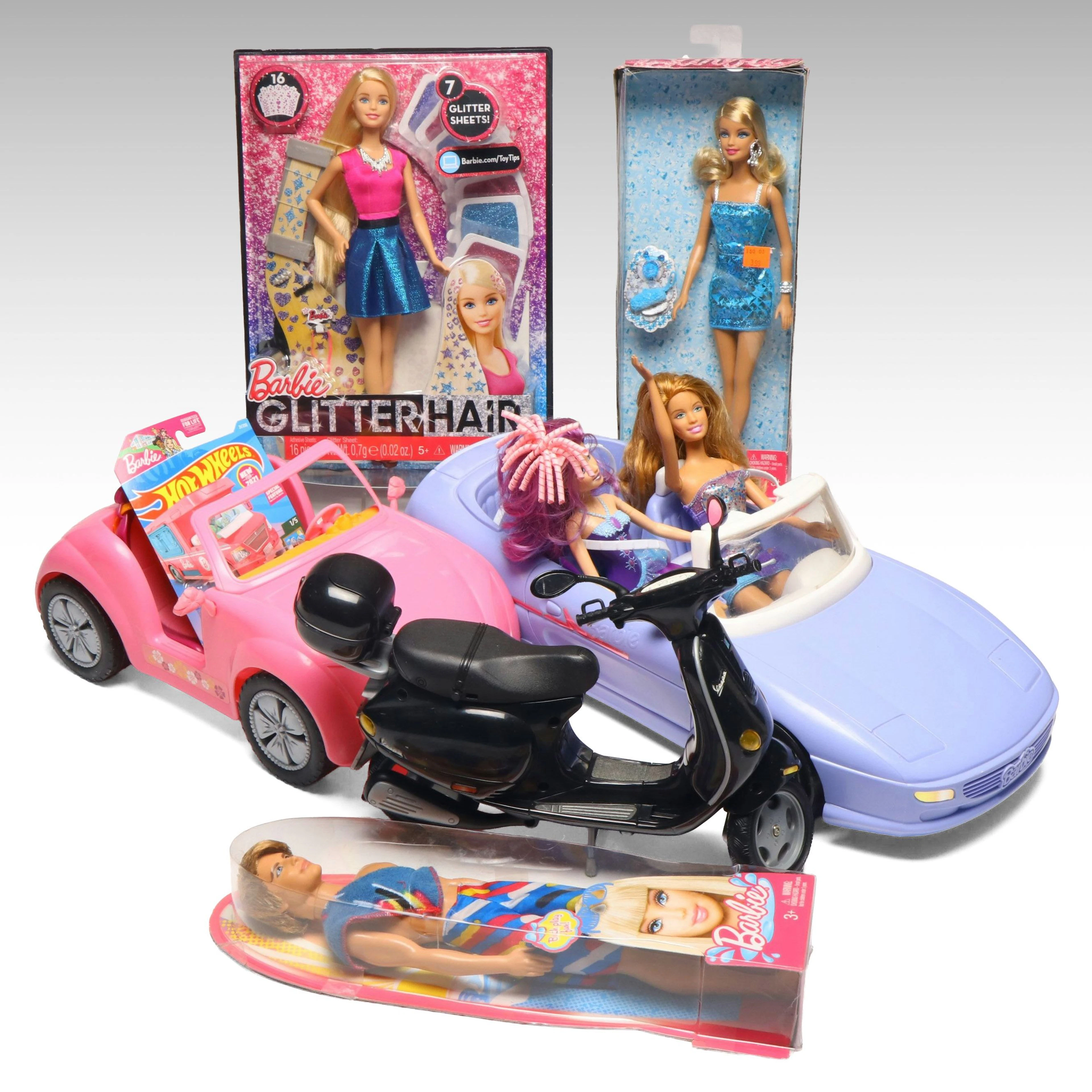 Mattel "Glitter Hair, "Convertible Roadster" with More Barbie Dolls and Cars