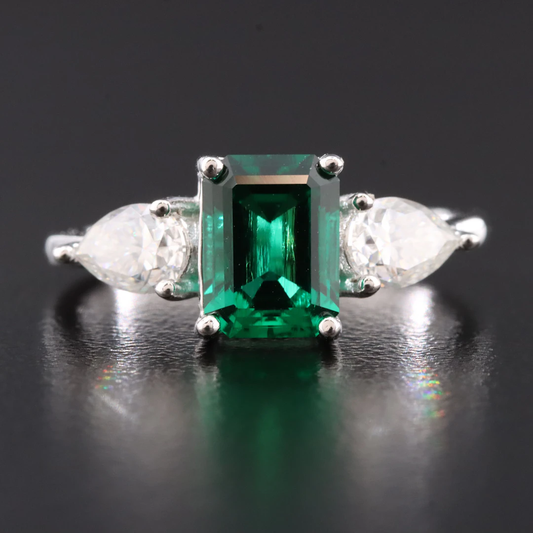 Sterling Emerald and Moissanite Ring