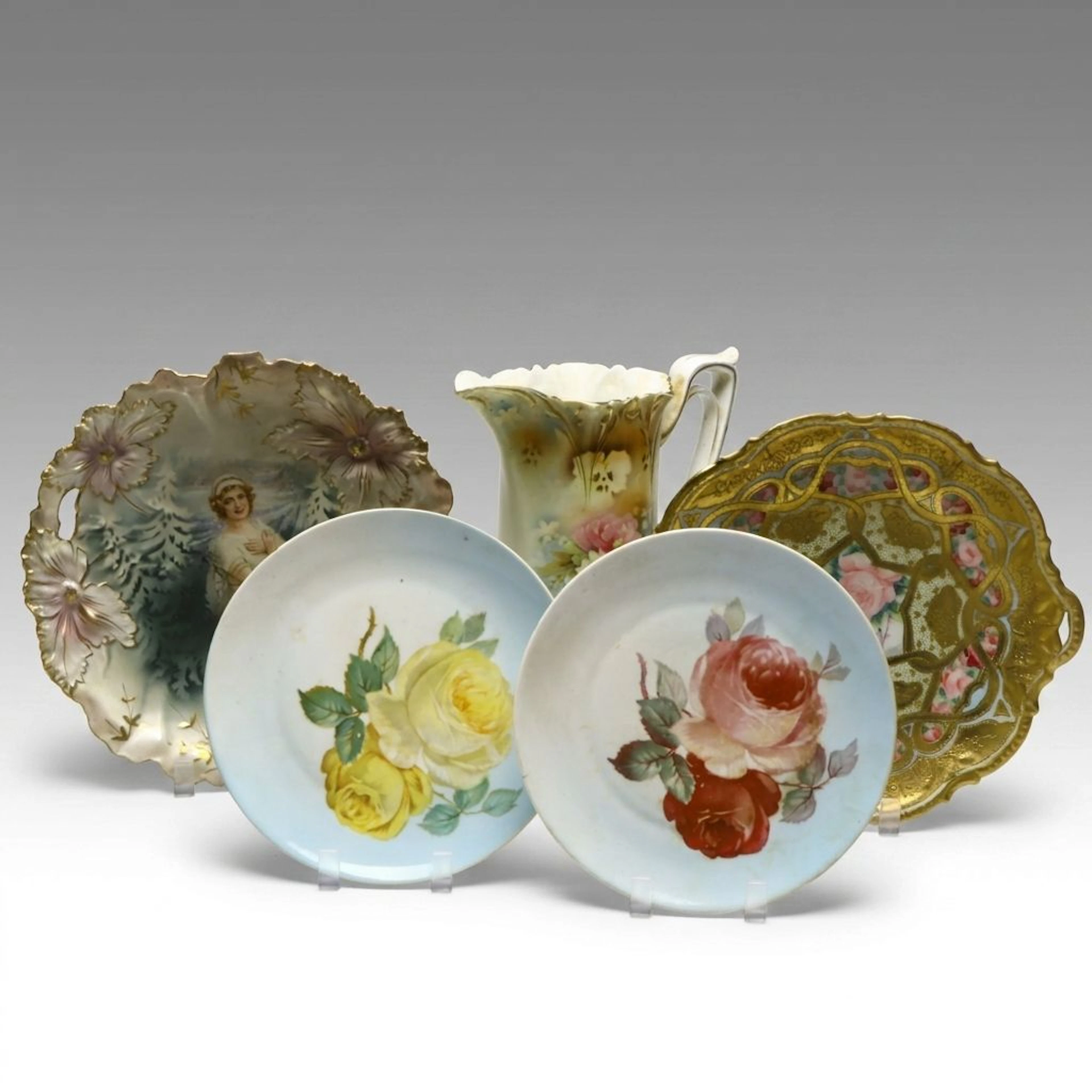 R.S. Prussia, Japanese Export, More Floral Porcelain Pitcher and Plates