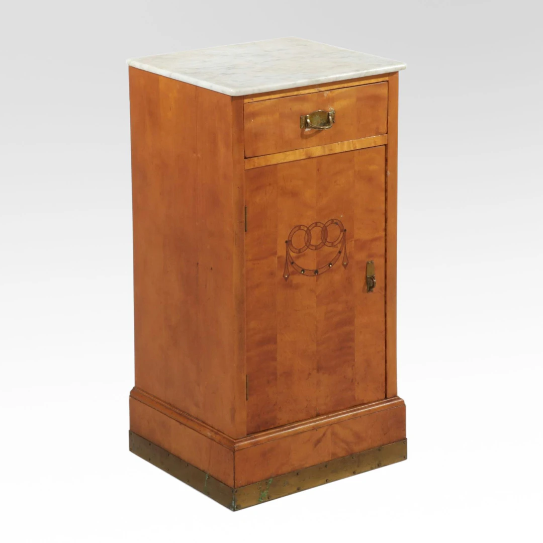 Art Deco Maple Cabinet with Marble Top and Inlaid Decoration, Mid-20th Century