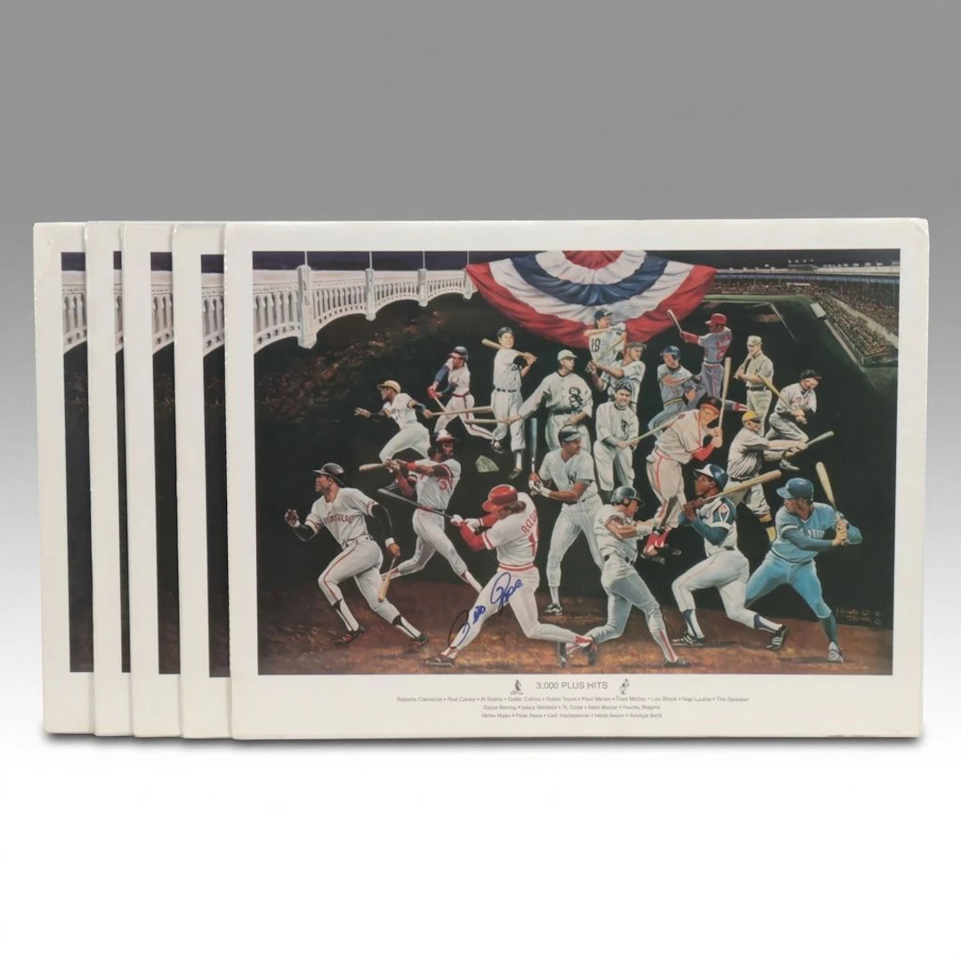 Group of Five Pete Rose Signed "3,000 Plus Hits" Baseball Lithographs