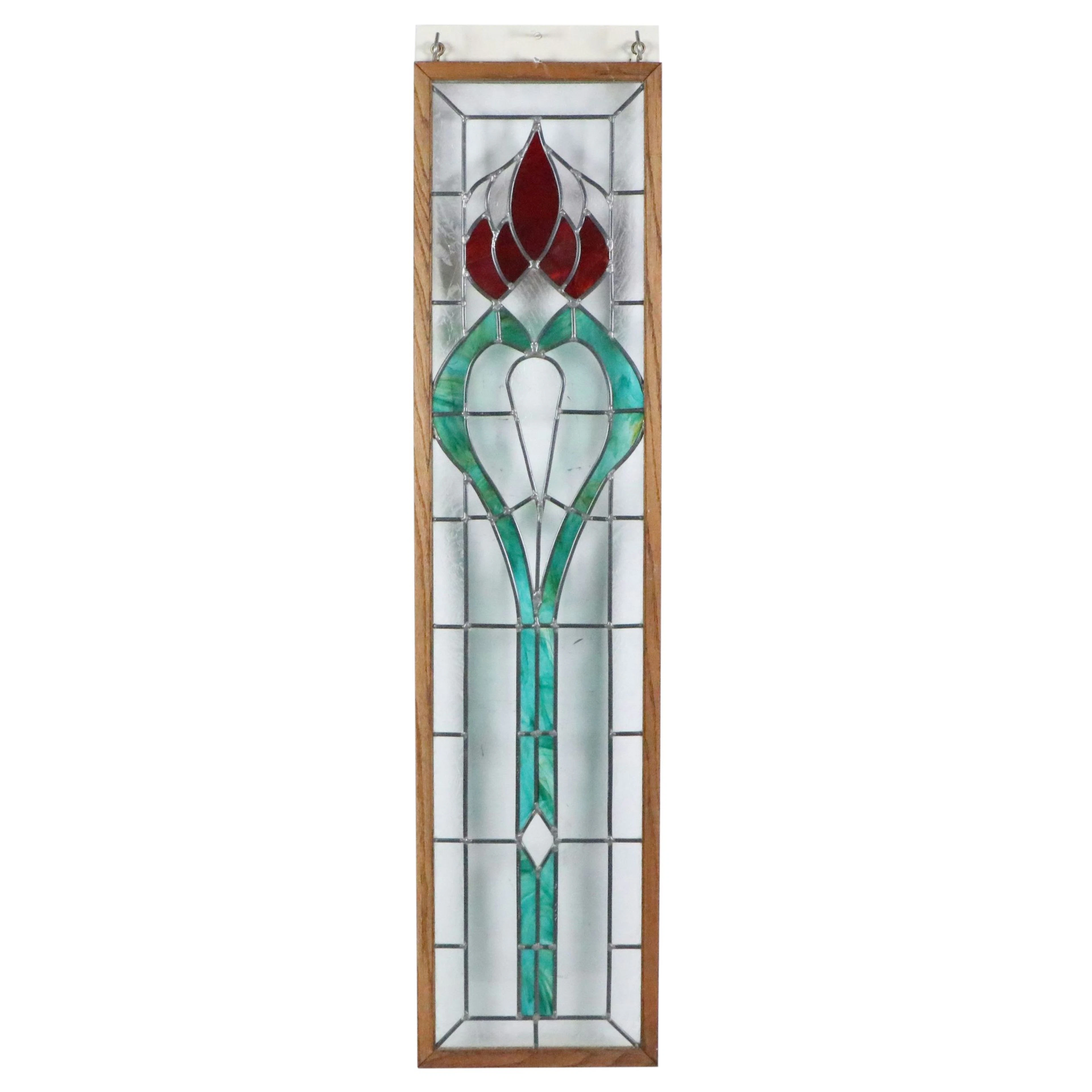 Vertical Art Nouveau Style Stained and Slag Glass Panel with Tulip