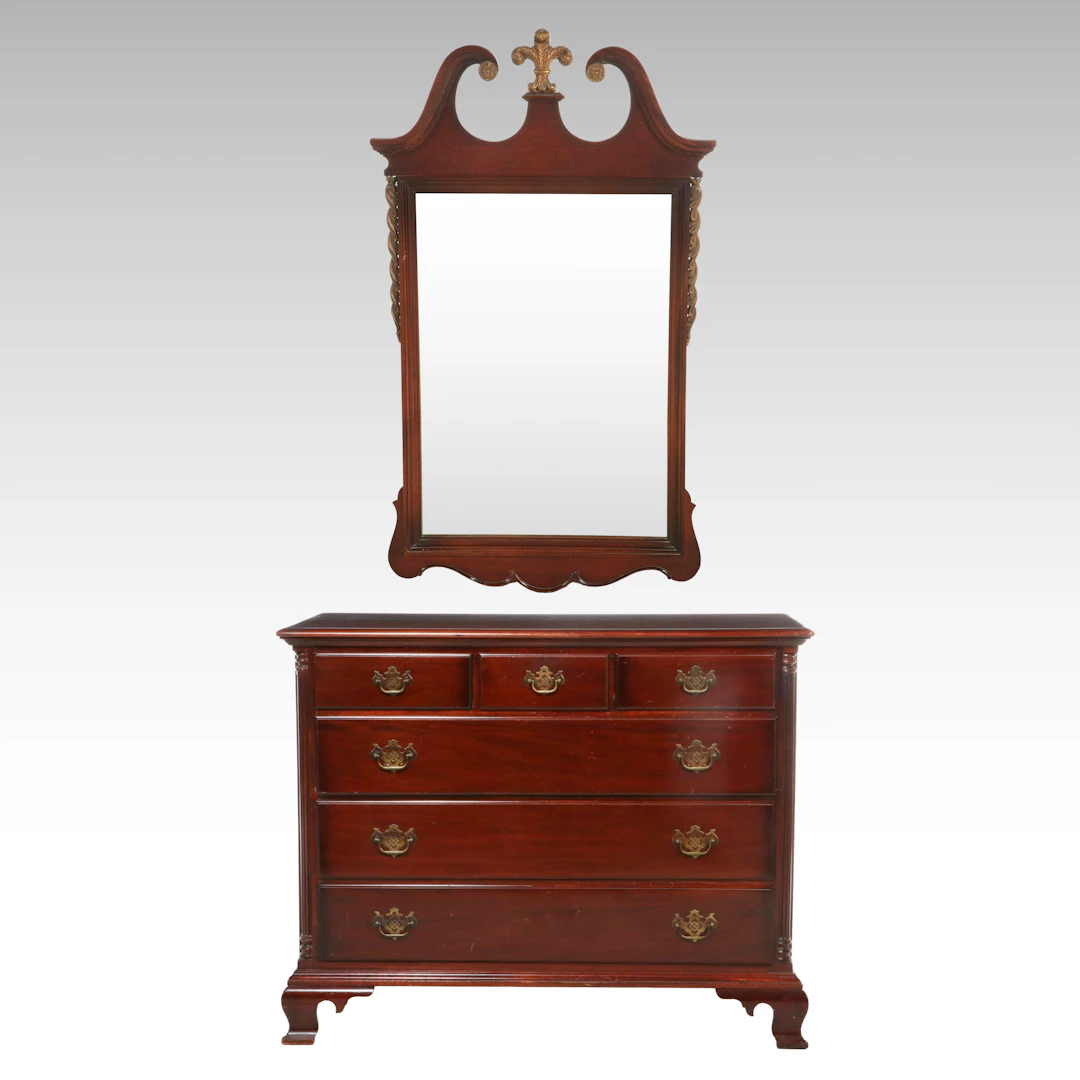 Kling Chippendale Style Mahogany Chest of Drawers with Wall Mirror