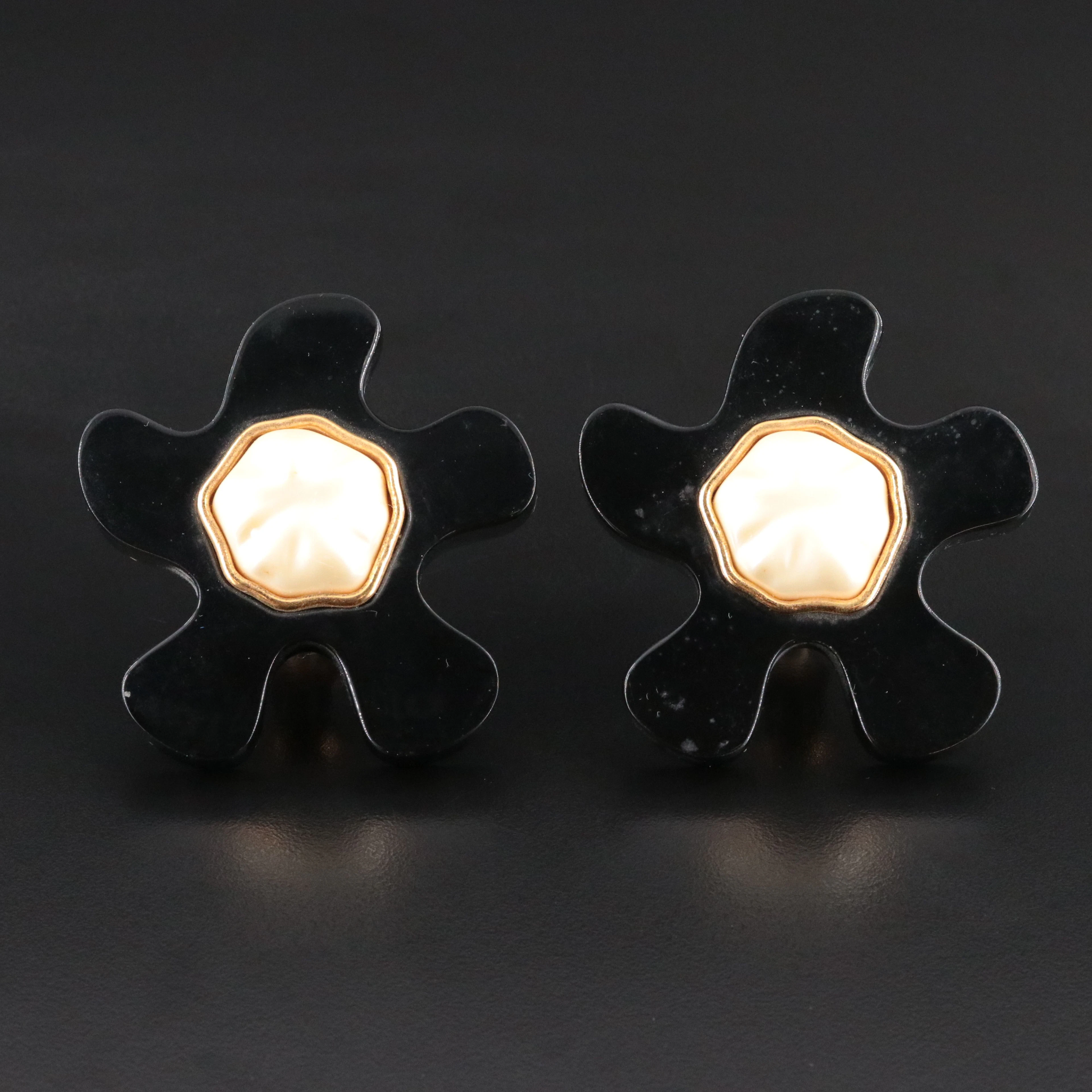 Chanel Glass Pearl and Black Resin Clip Earrings, 1988