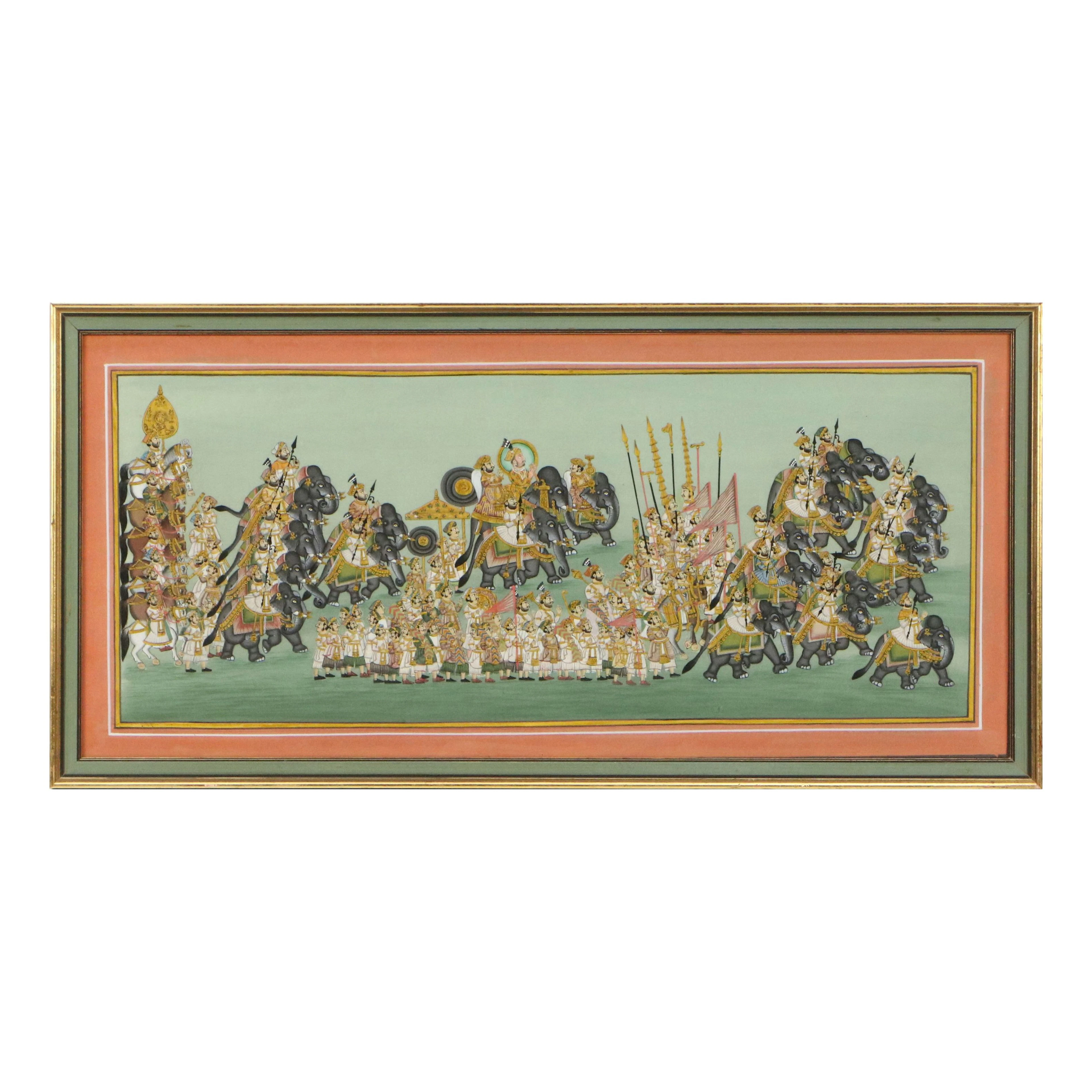 Indian Mughal Style Gouache Painting of Royal Procession
