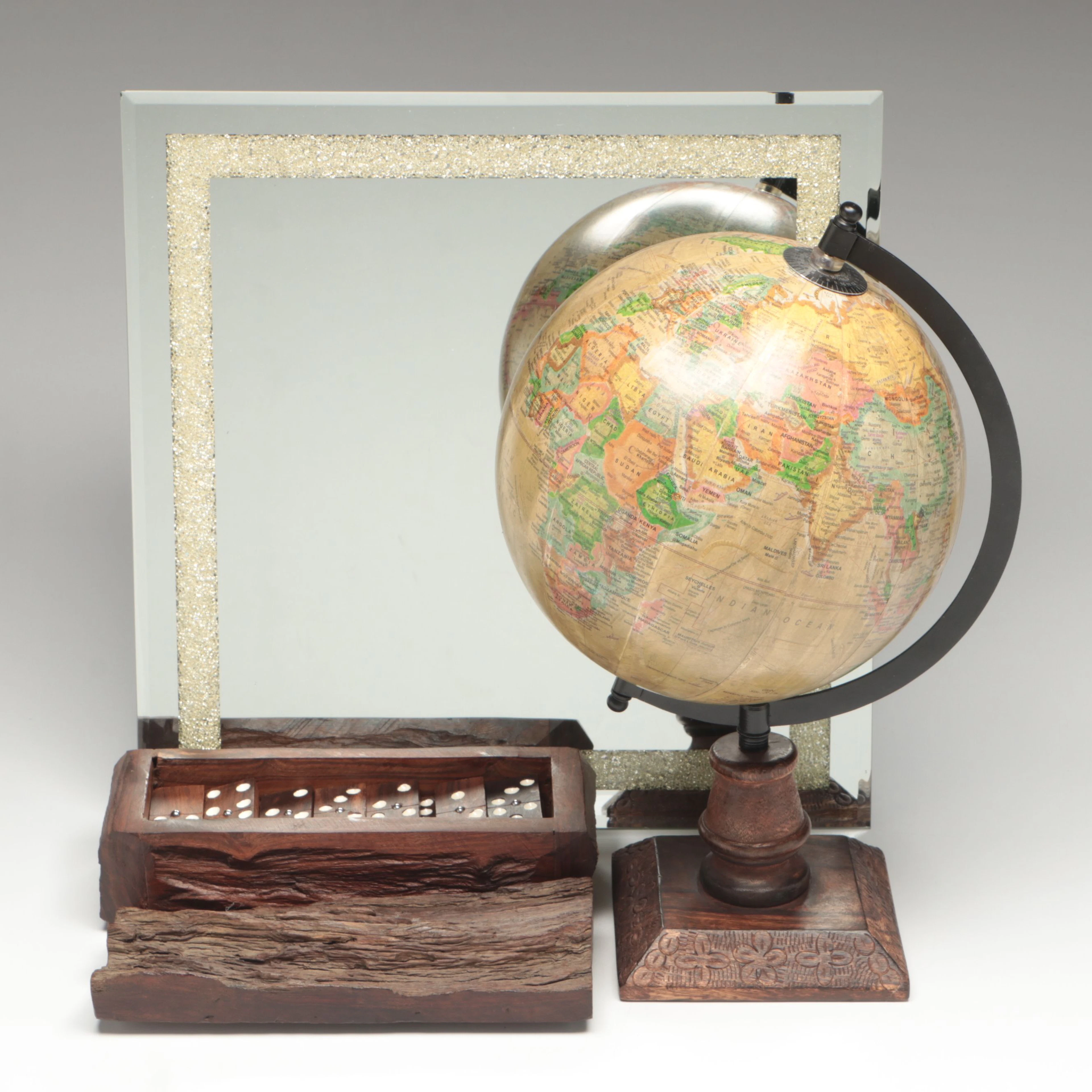 Decorative Globe, Rustic Hand-Carved Wood Box with Dominoes and Glass Tray