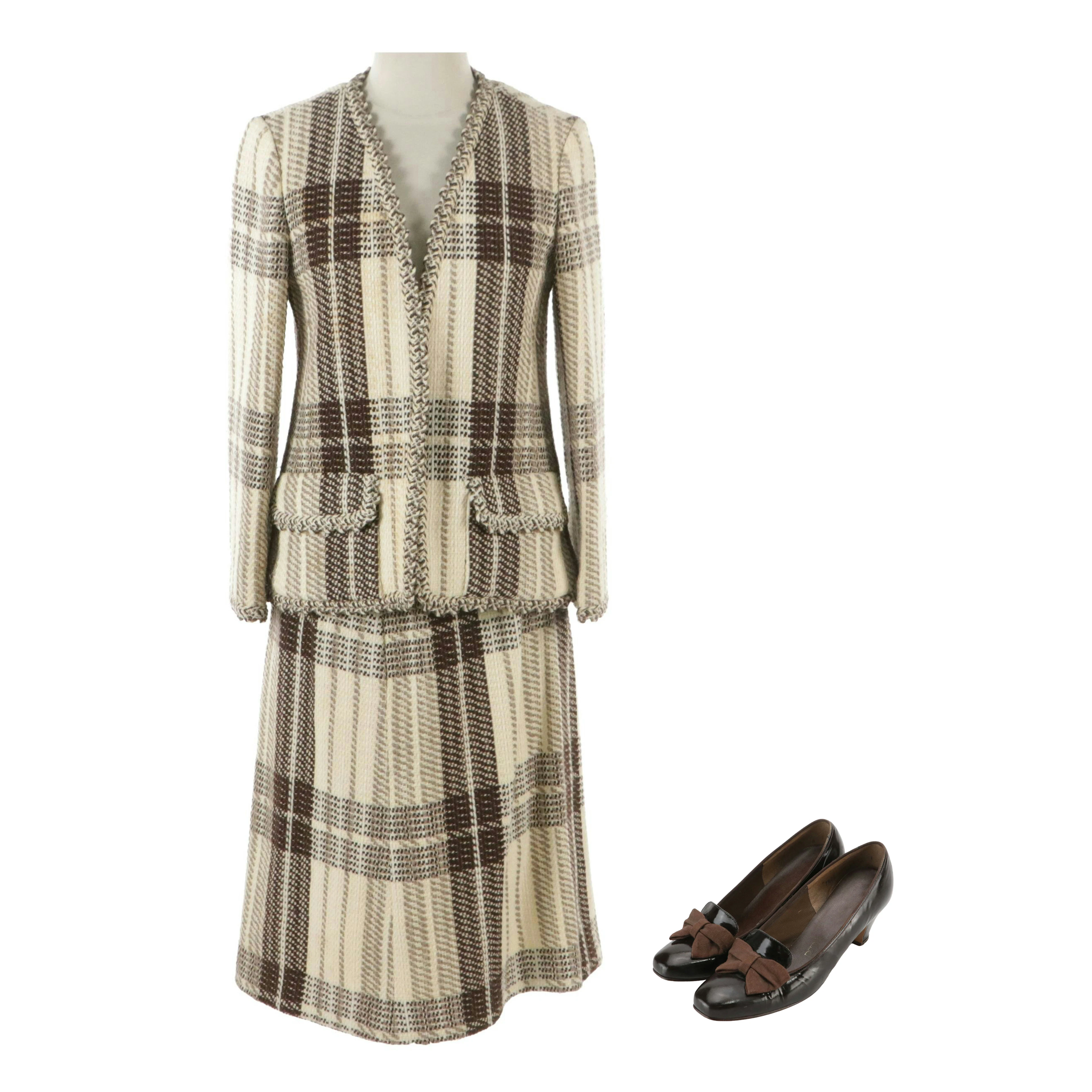 Rizkallah for Malcolm Starr Tweed Skirt Suit and Other Brown Leather Bow Pumps