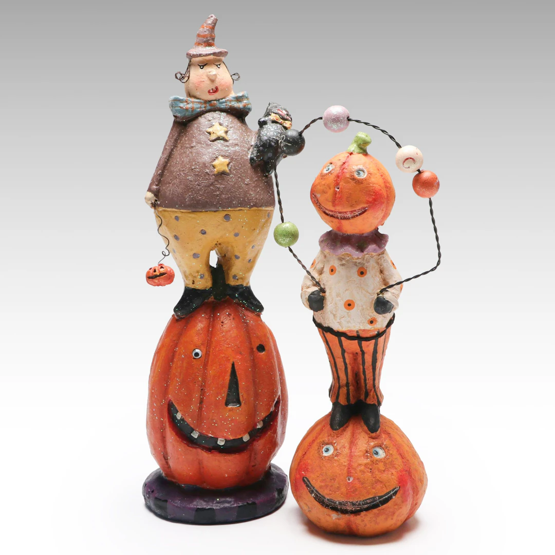 Halloween Folk Art Jack-o'-Lantern and Witch Figurines