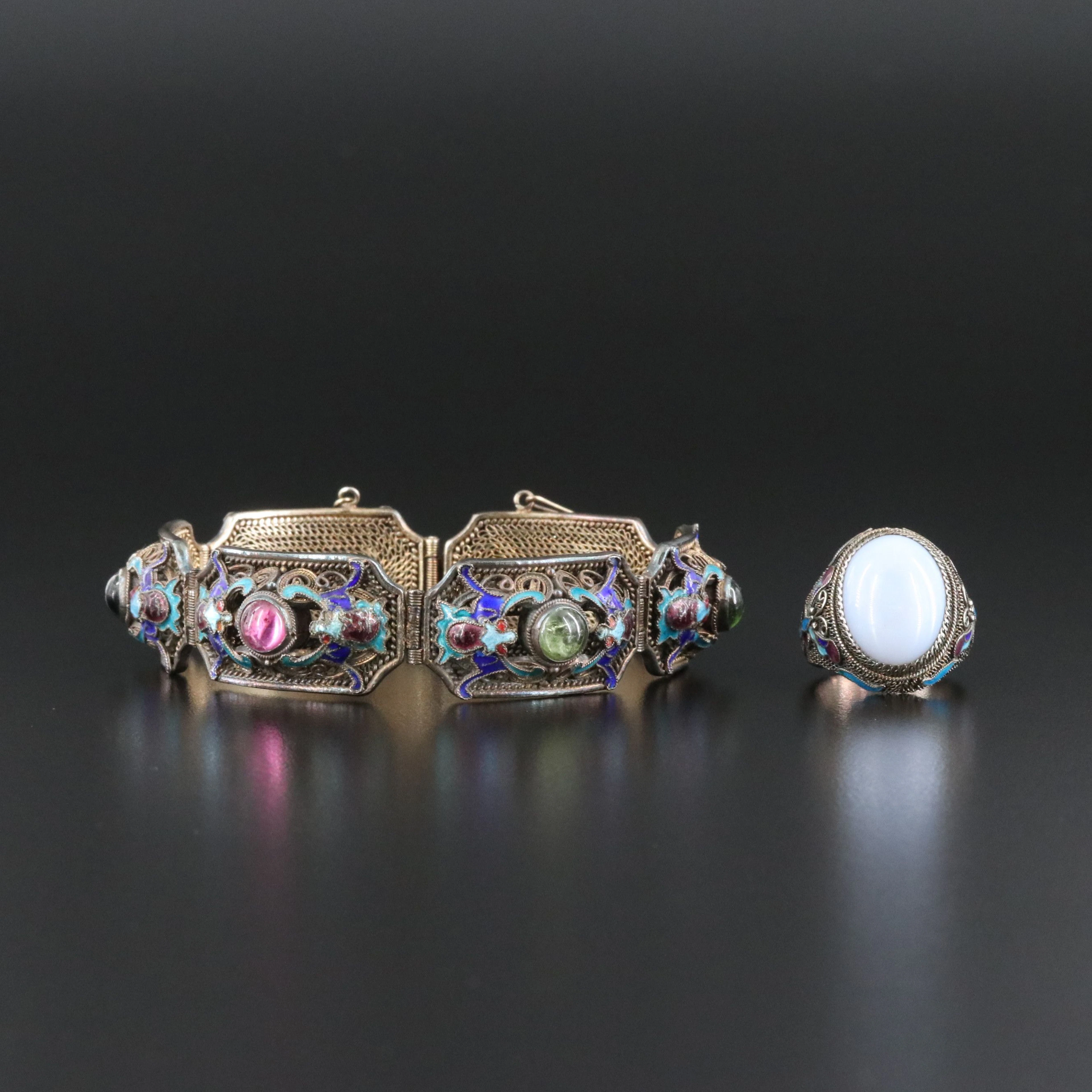 Chinese Gilt Sterling Tourmaline, Agate, and Enamel Filigree Bracelet and Ring