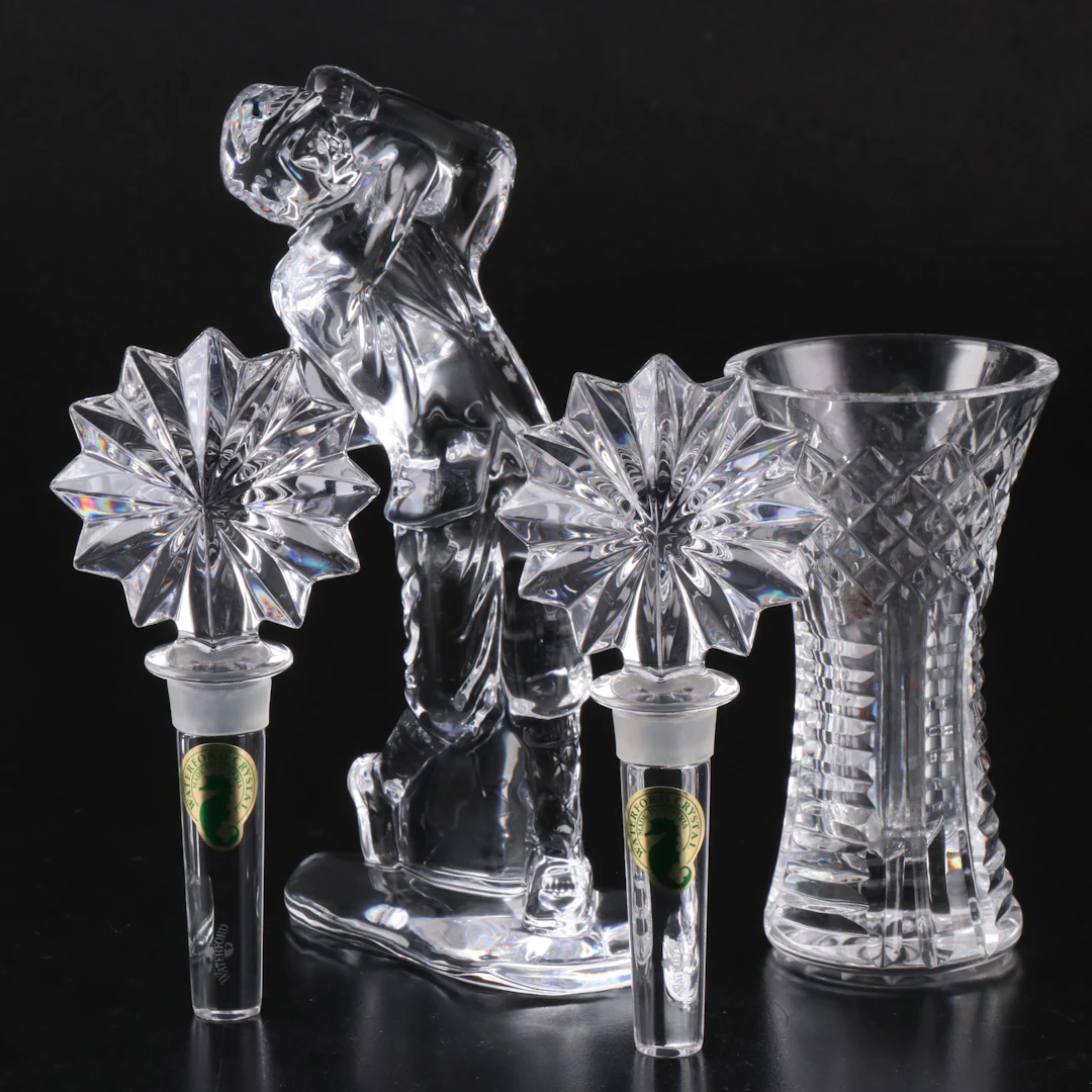 Waterford Star Bottle Stoppers with Golfer Figurine and Bud Vase