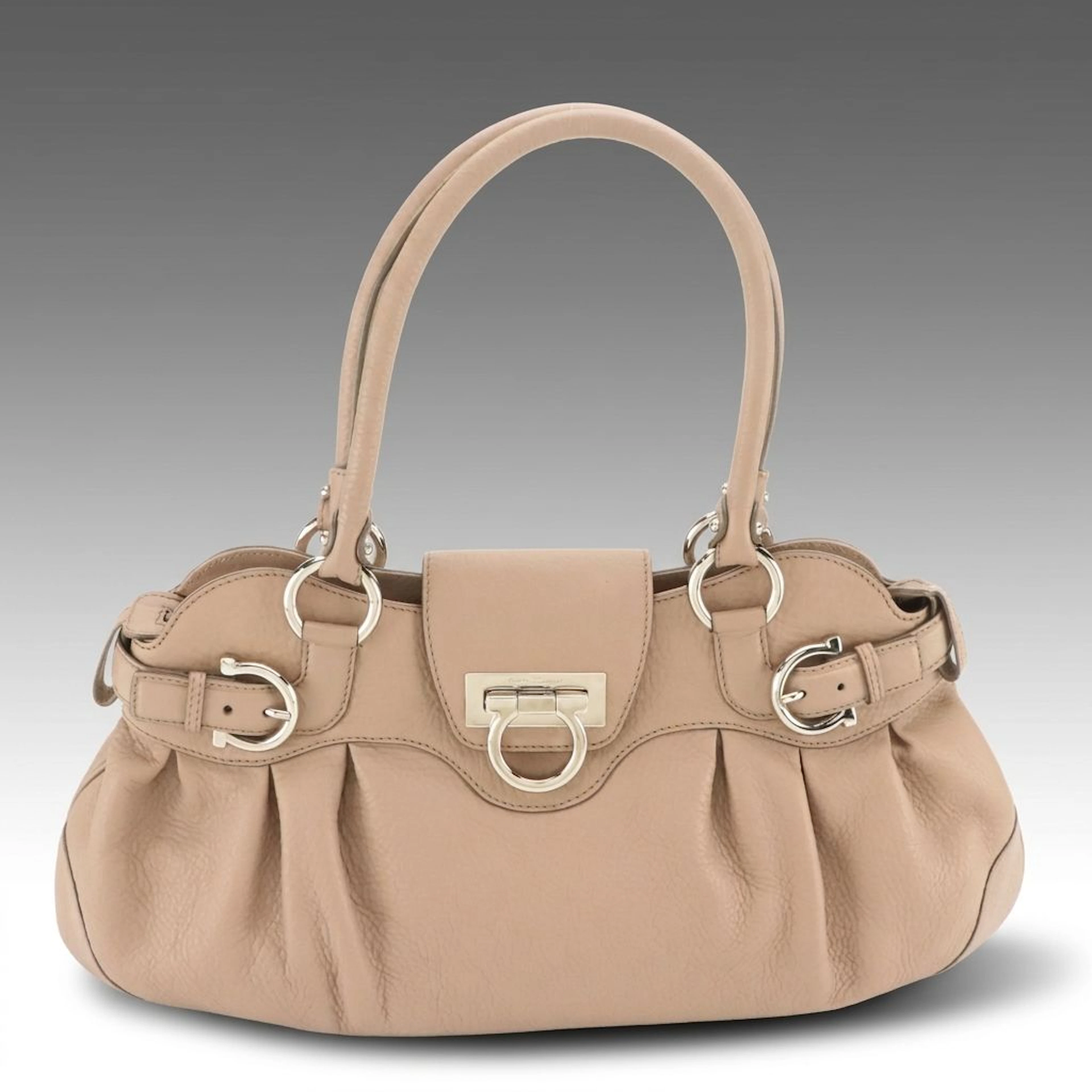 Salvatore Ferragamo Taupe Calfskin Grain Leather Tote Bag with Gancini Hardware
