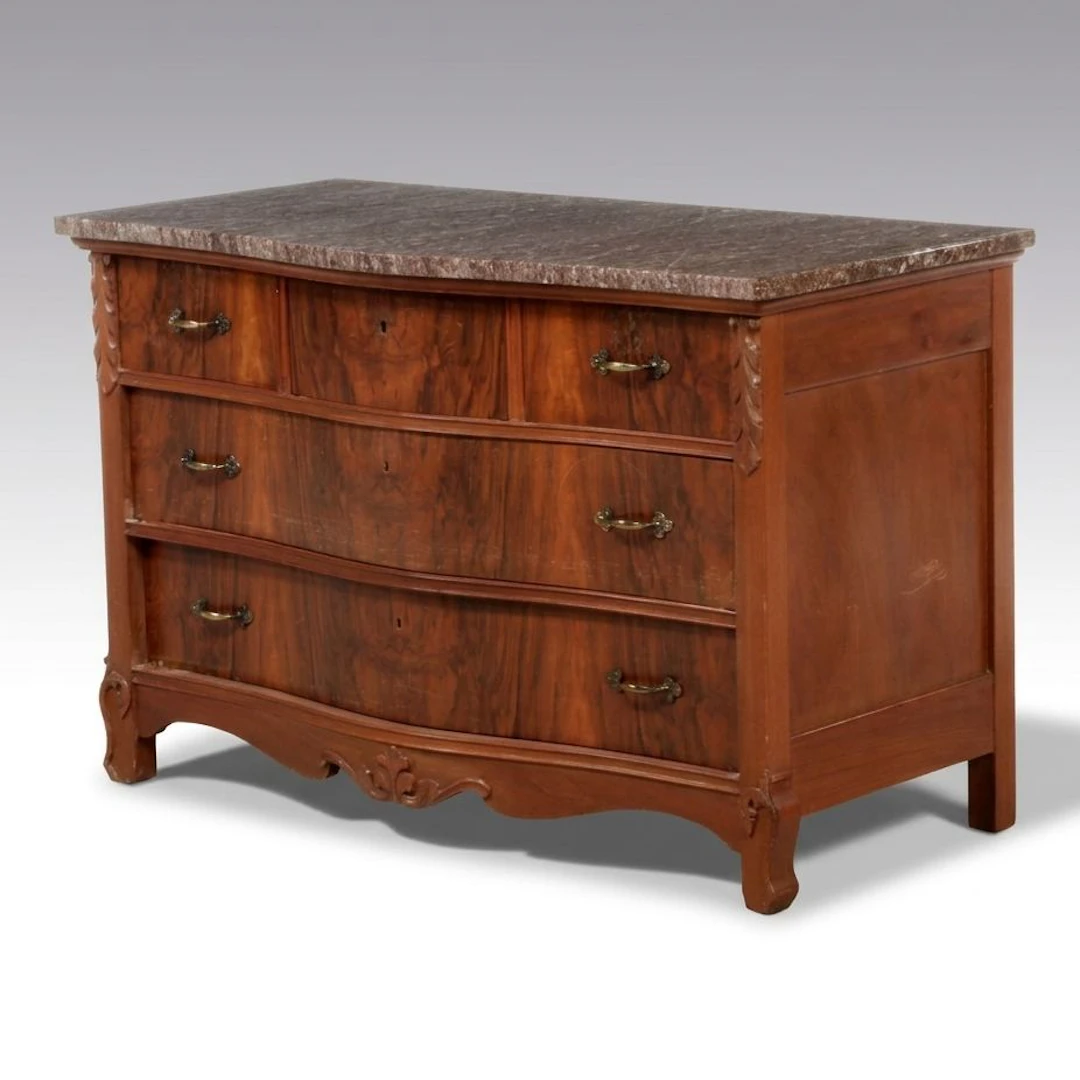 Louis XV Style Marble Top Burl Wood Chest, 20th Century