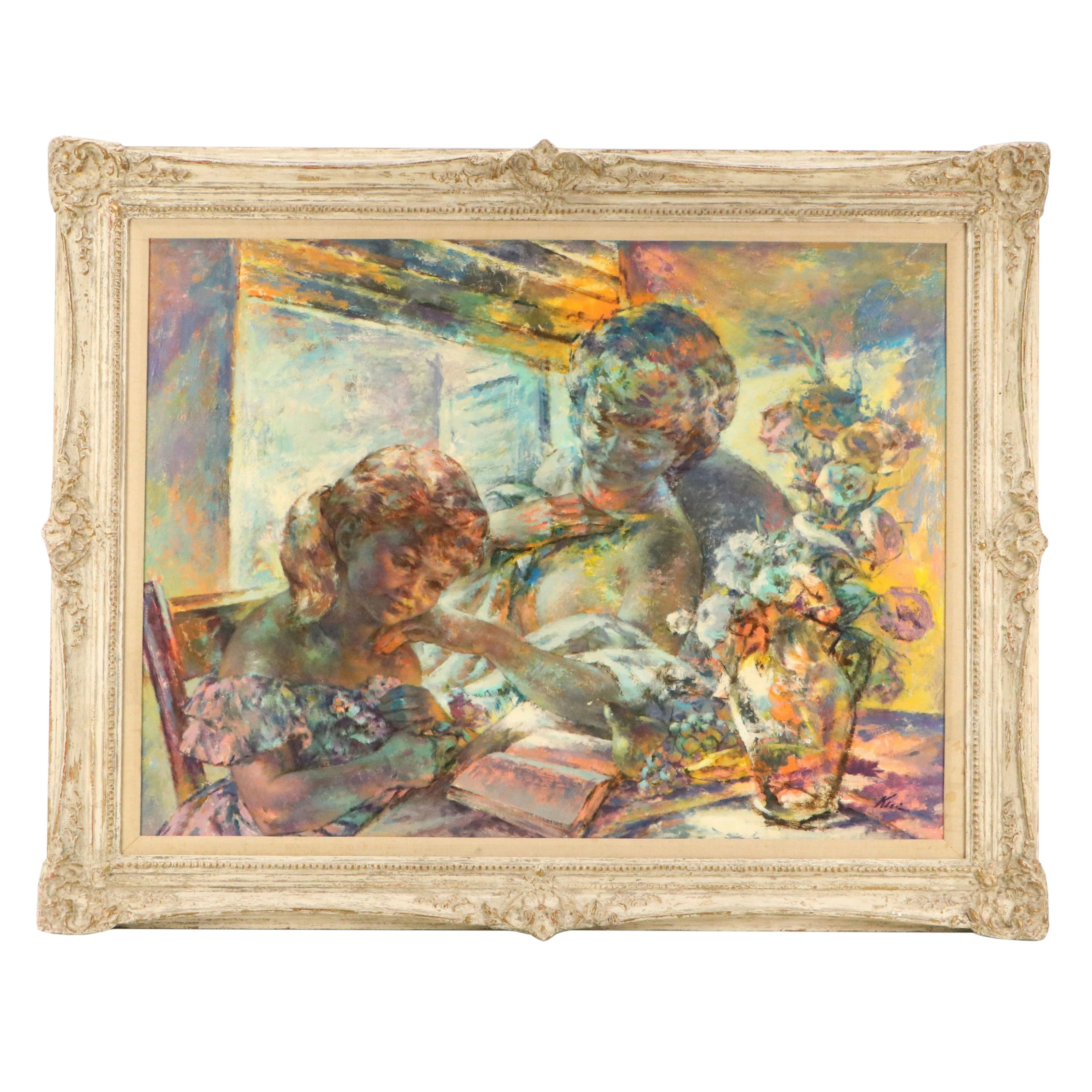 Kush Impressionist Style Genre Oil Painting of Mother and Child at Dining Table