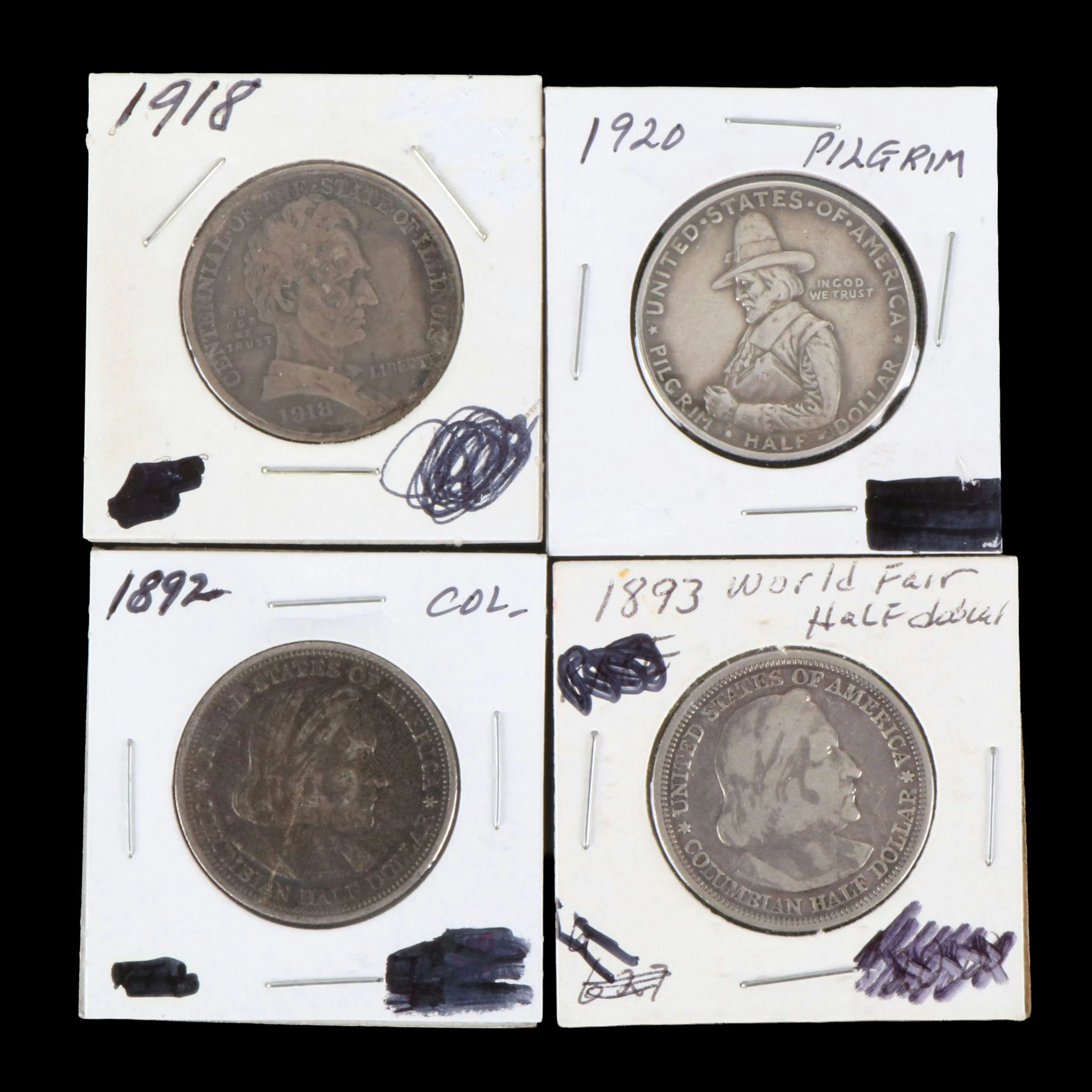 Four Commemorative Silver Half Dollars, Including 1920 Pilgrim and 1918 Lincoln