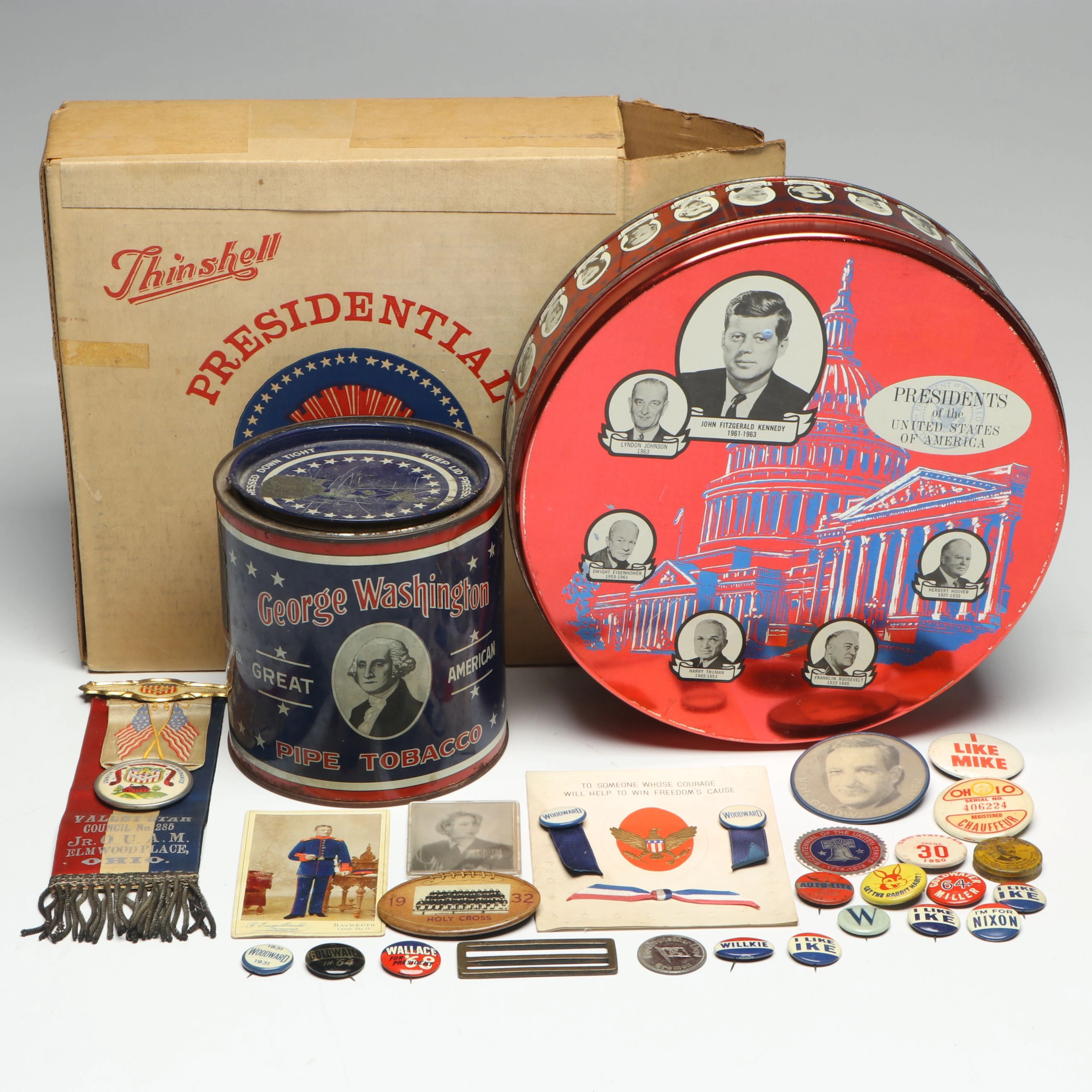 Thinshell Presidential Candies Tin with "I Like Ike" Pins and More