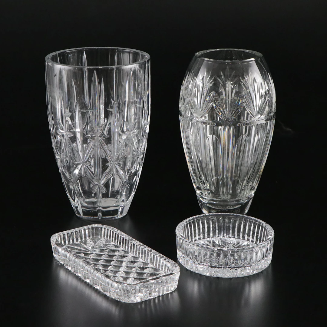 Waterford "Bantry," "Sparkle" Vases with Butter Dish and Wine Coaster