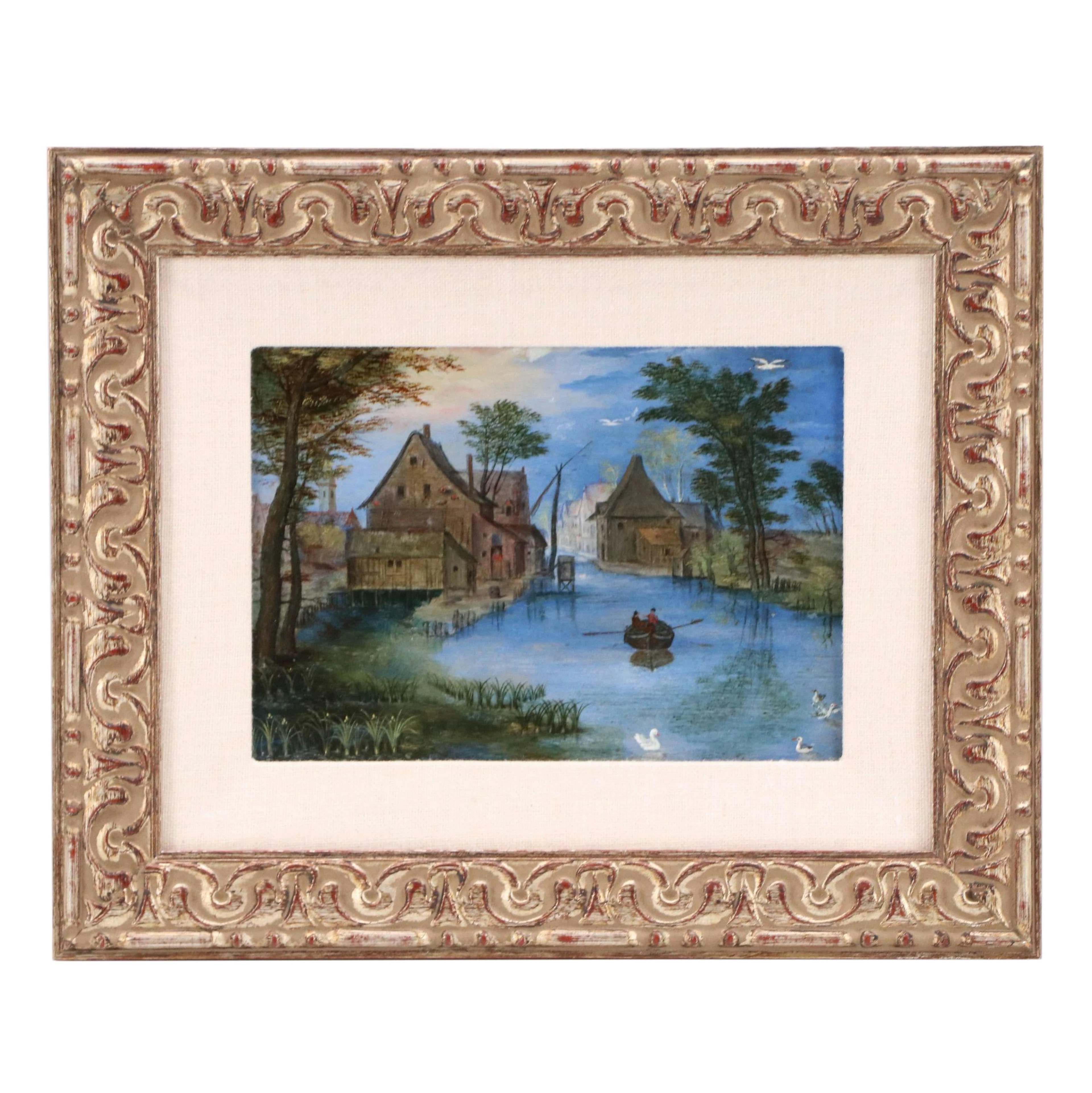 After Jan Brueghel the Younger Canal Scene Miniature Oil Painting, 20th Century