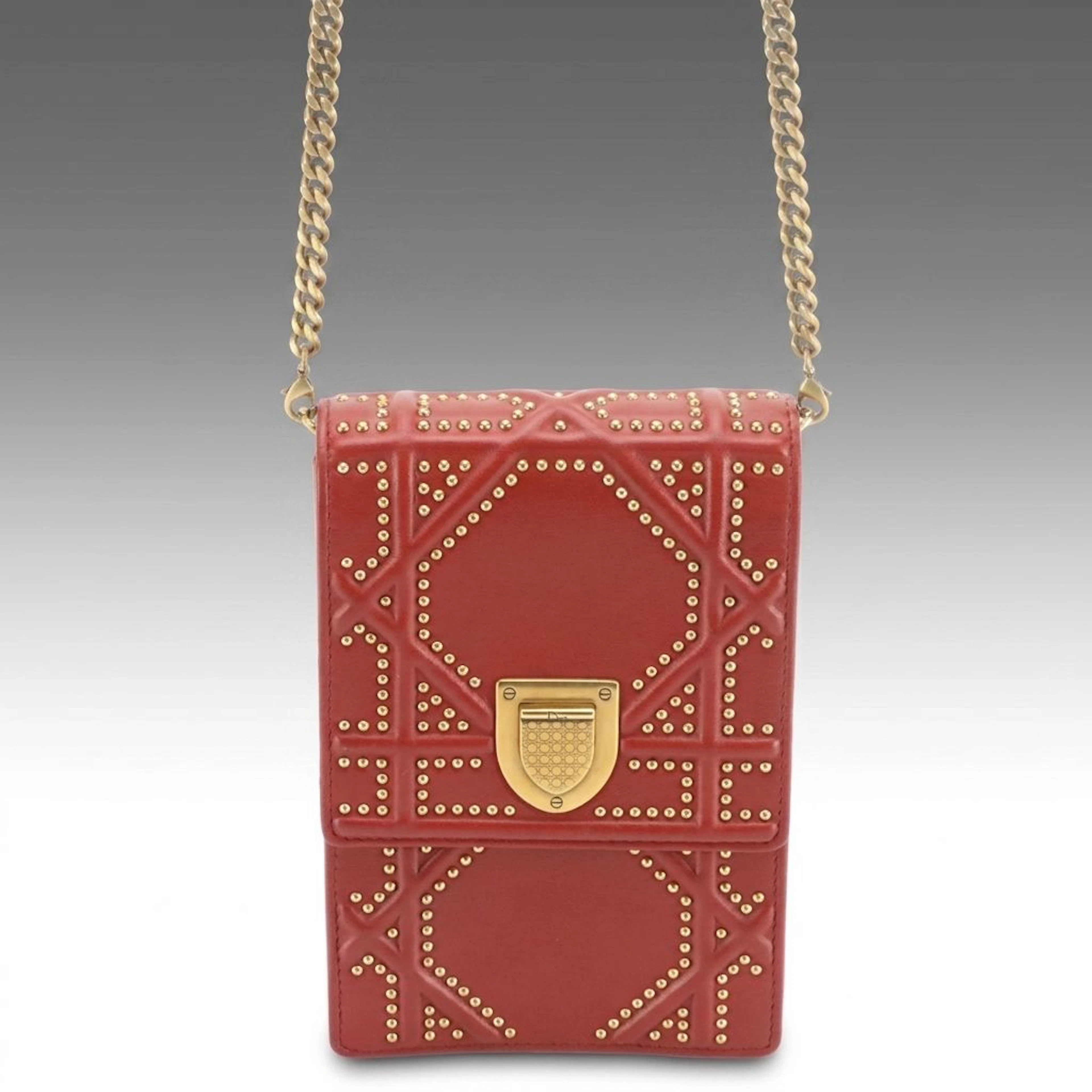 Christian Dior Vertical Diorama Crossbody Bag in Studded Red Lambskin Leather